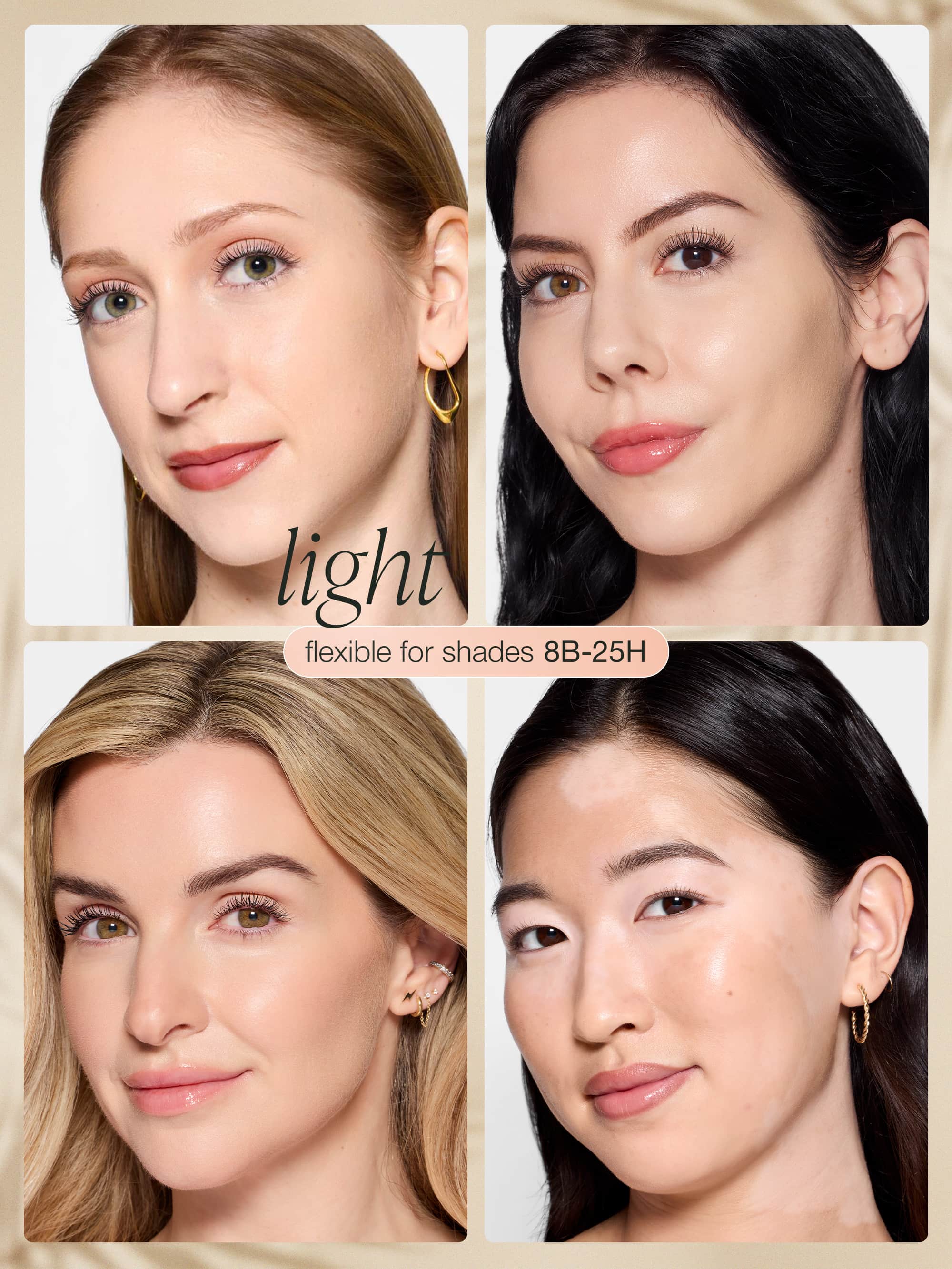 Four women with different hair colors and skin tones, tarte CC serum  shade 'light'.