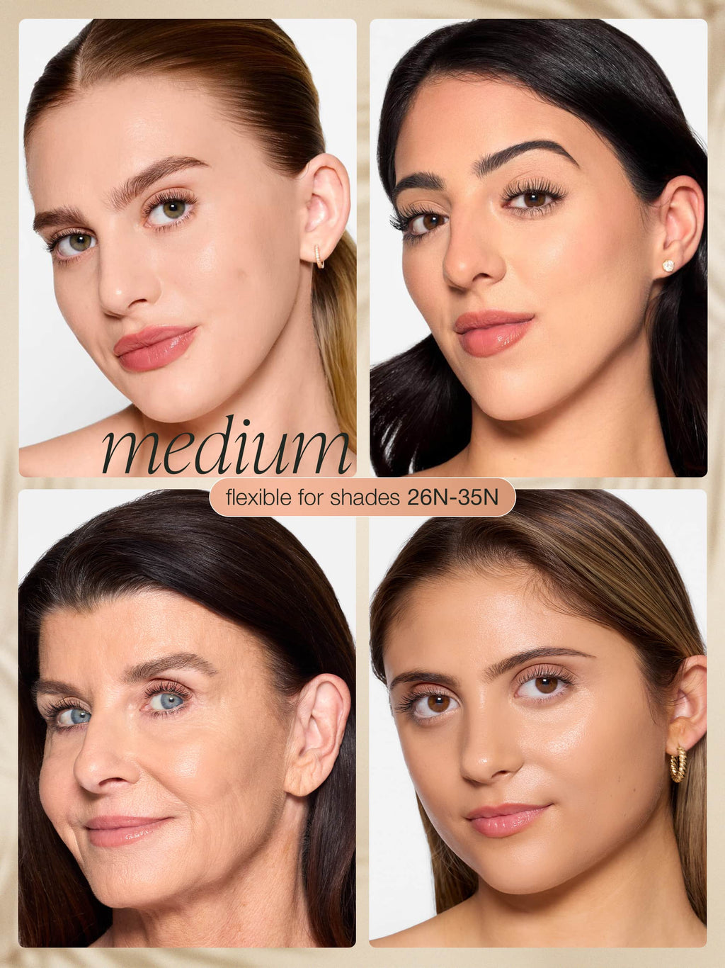 Collage of four women with different skin tones and hairstyles, labeled 'medium' wearing tarte CC serum 