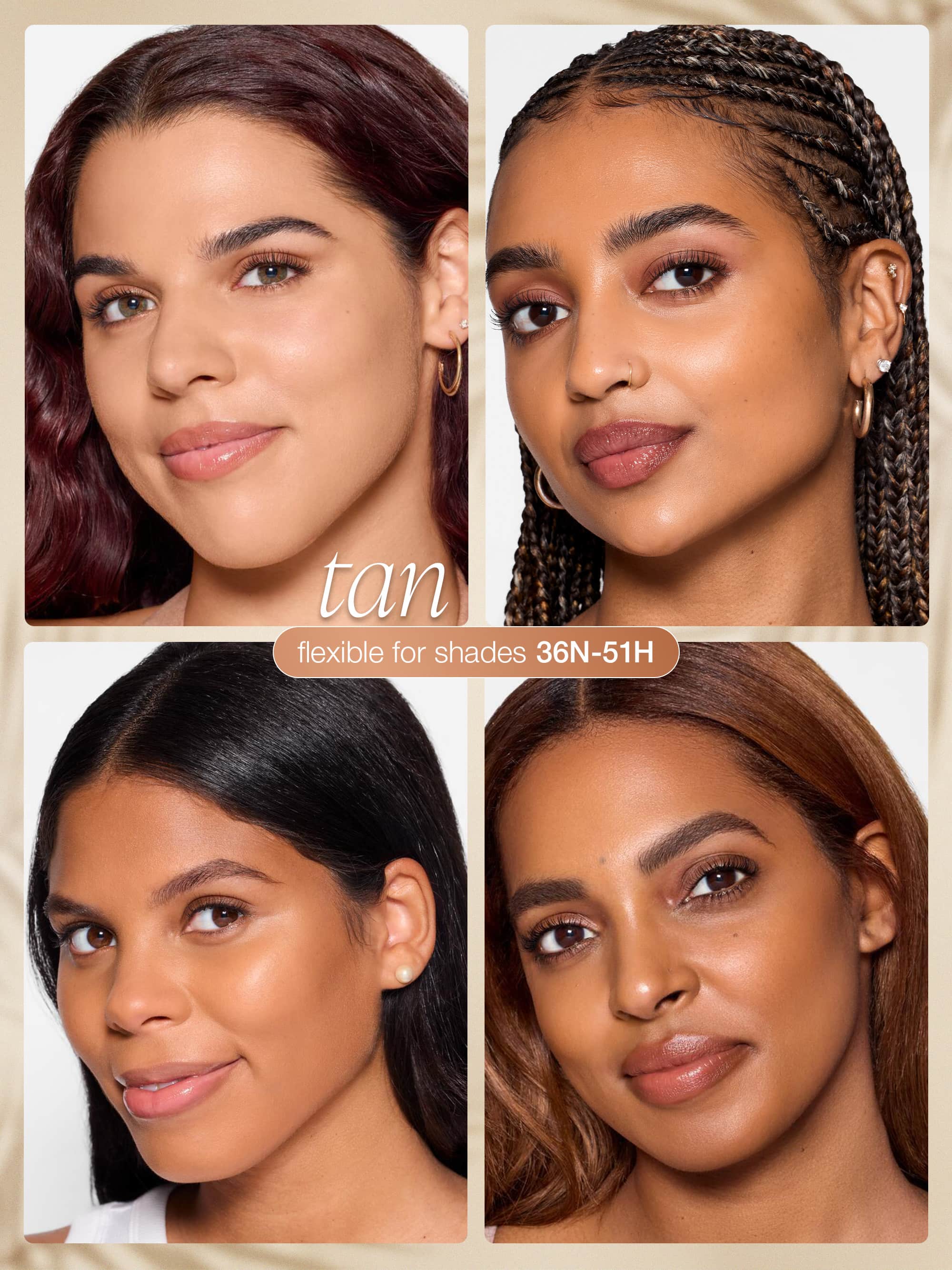 Four close-up portraits of a woman with different hair colors and styles, labeled 'tan' with shade range 36N-51H wearing tarte CC serum 