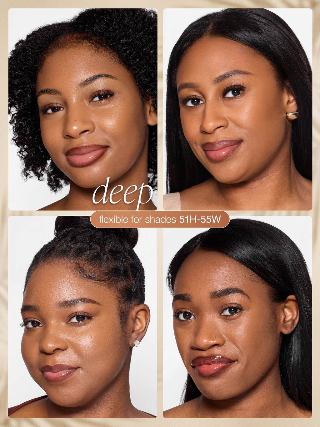 Collage of a woman with different hairstyles and skin tones labeled 'deep' wearing tarte CC serum 