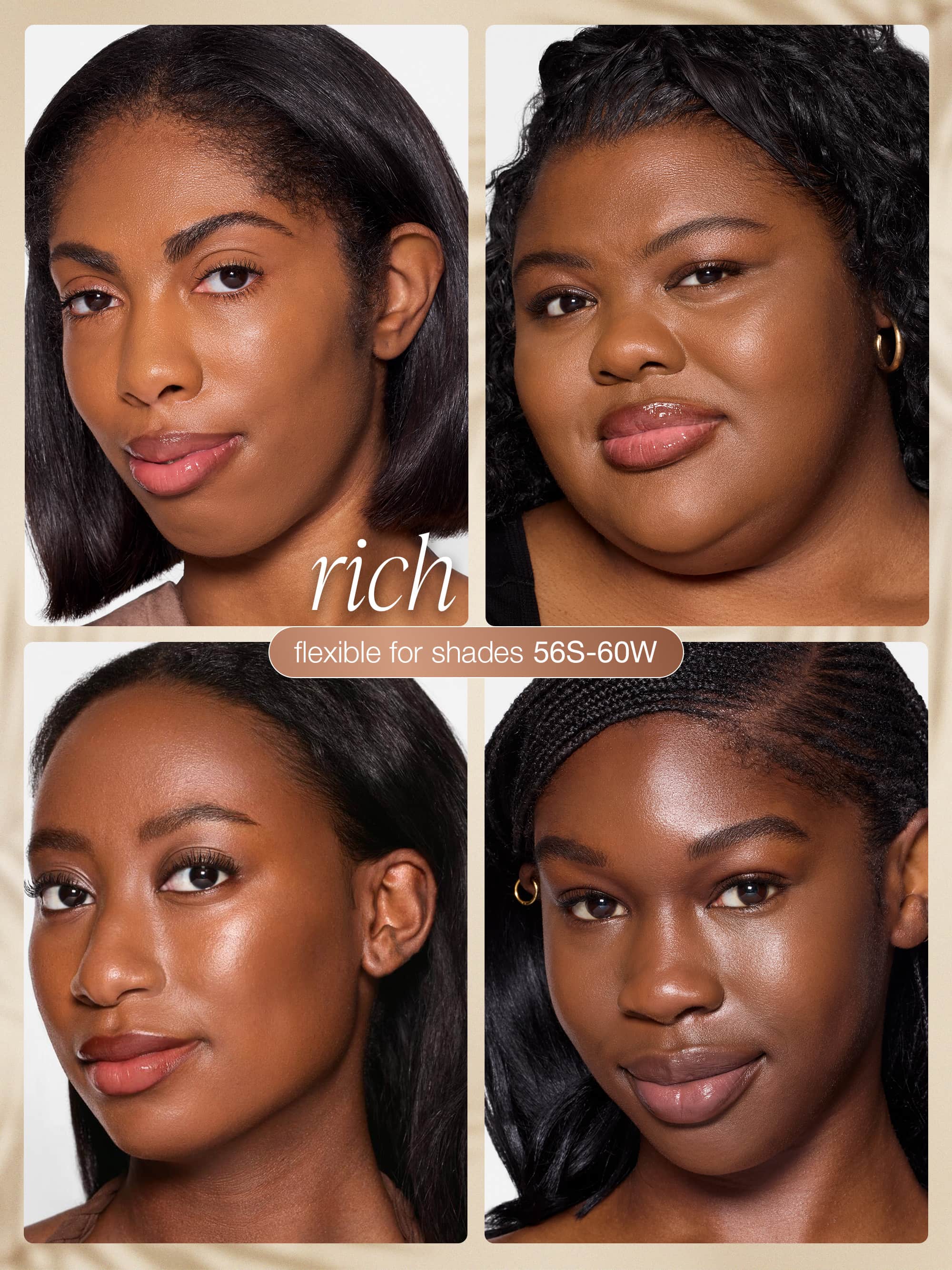 Collage of four women with different skin tones and hairstyles, labeled 'rich' wearing tarte CC serum 