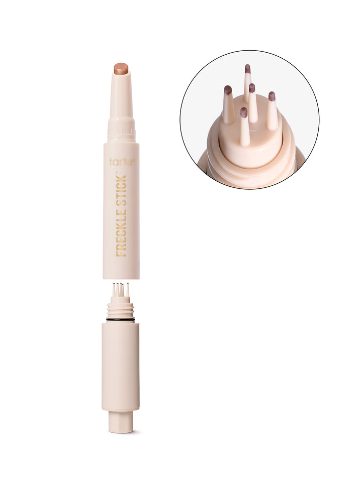 Freckle Stick with close-up of applicator on a white background. using tarte cosmetics freckle stick