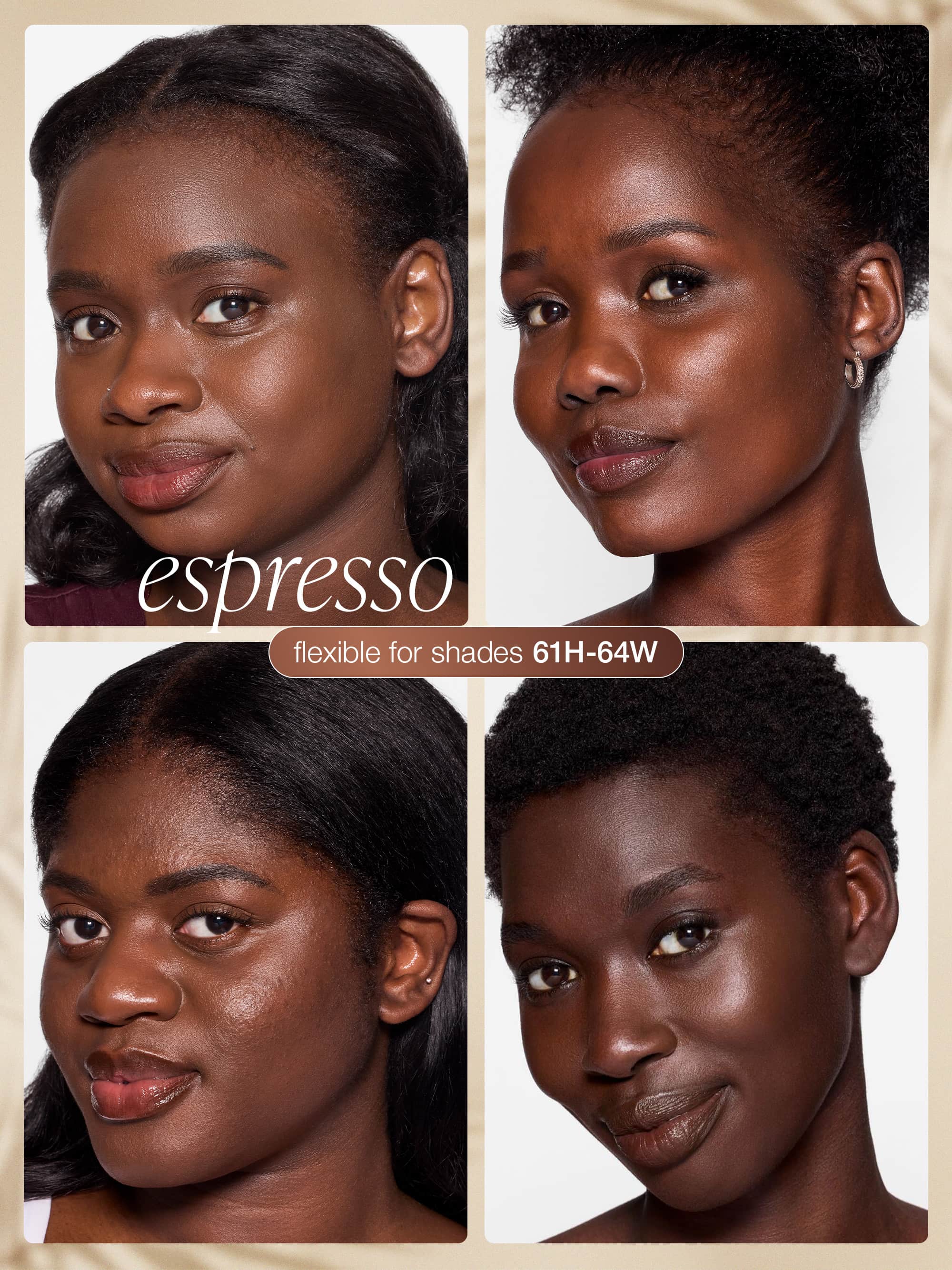 Collage of four women with different skin tones labeled 'espresso' on a beige background wearing tarte CC serum 
