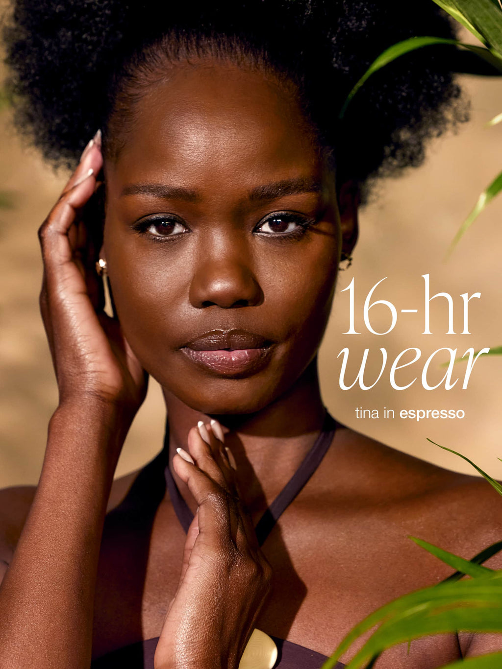 Woman with natural hair and makeup, with text '16-hr wear tina in espresso' on a blurred background wearing tarte CC serum 