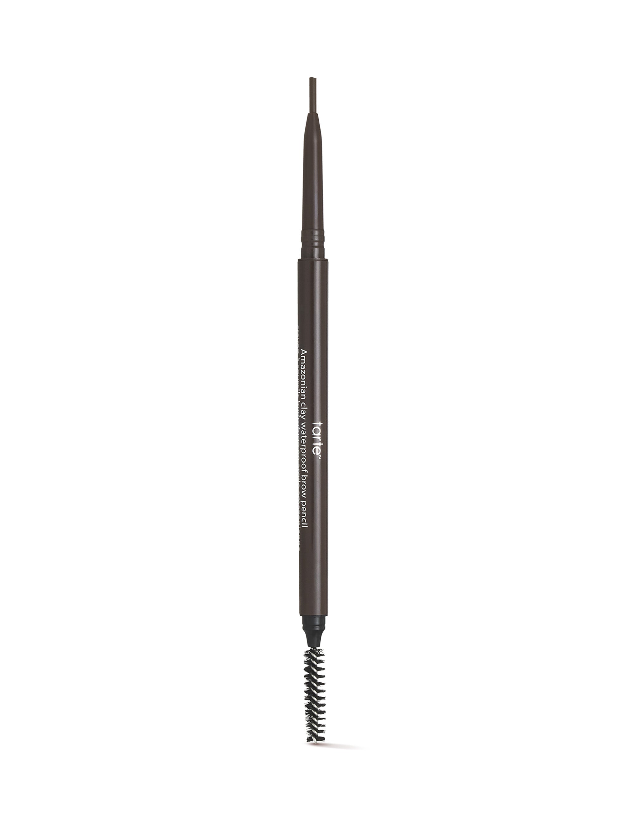 Eyebrow pencil with brown tip and black handle on a white background