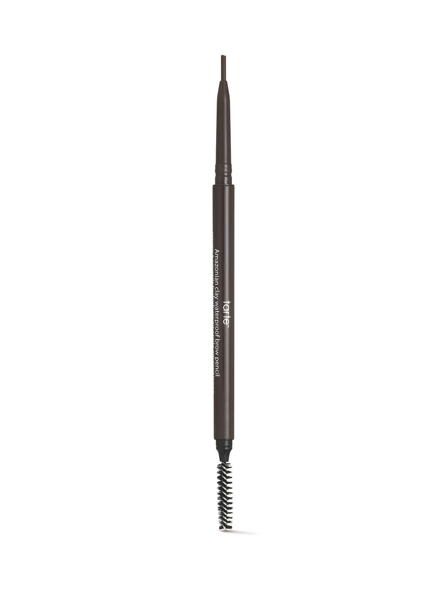 Eyebrow pencil with brown tip and black handle on a white background