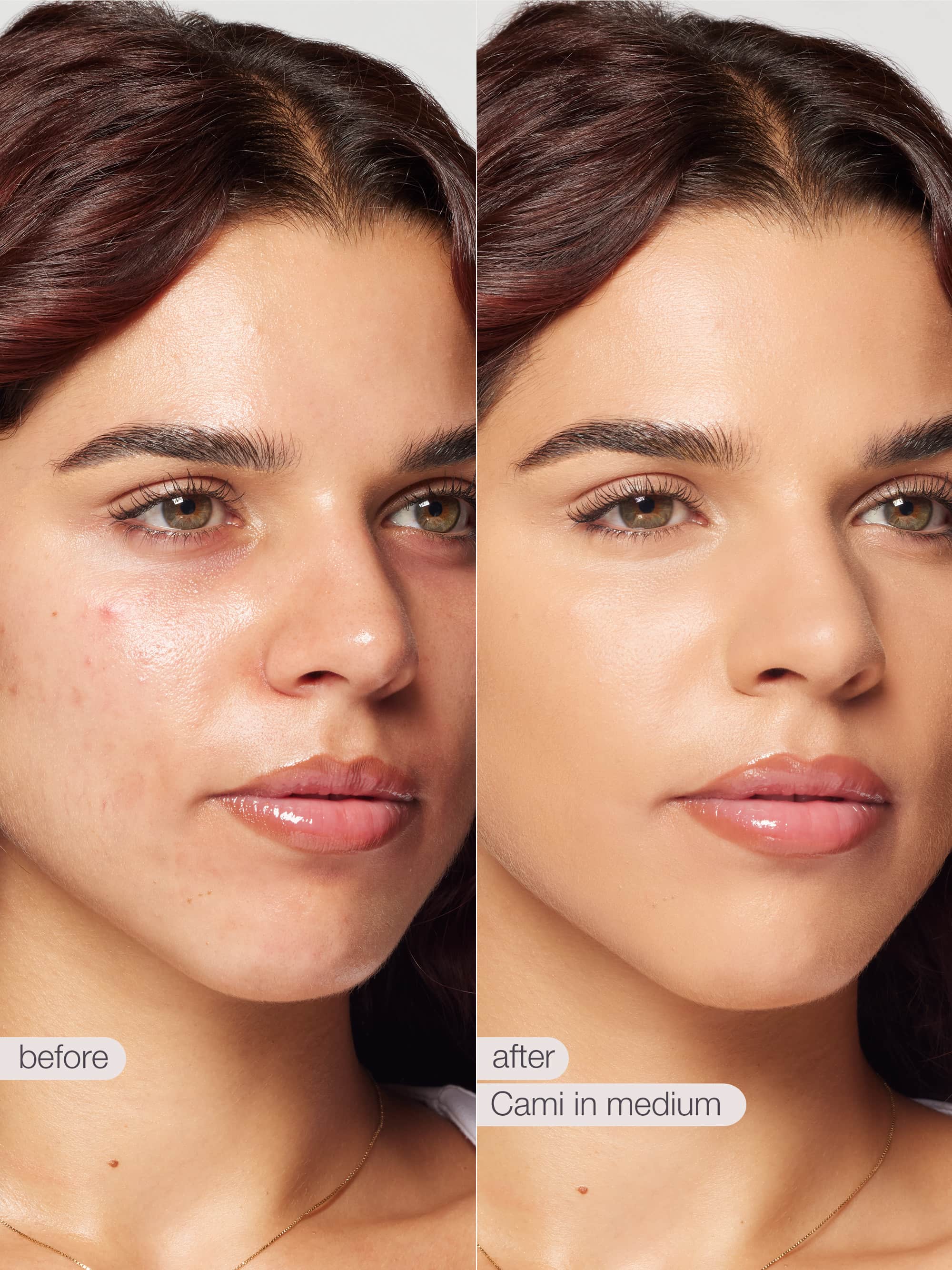A woman's face is shown in two side-by-side images. The before side reveals natural skin with blemishes, while the after side displays flawlessly applied makeup. Text reads before and after just a medium.