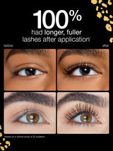 Before and after comparison of eye lashes with text indicating longer, fuller lashes after application.