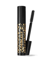 Mascara tube stands upright with wand removed and angled beside it; black and gold leopard-print tube labeled tarte™ MANEATER™ on a white background.