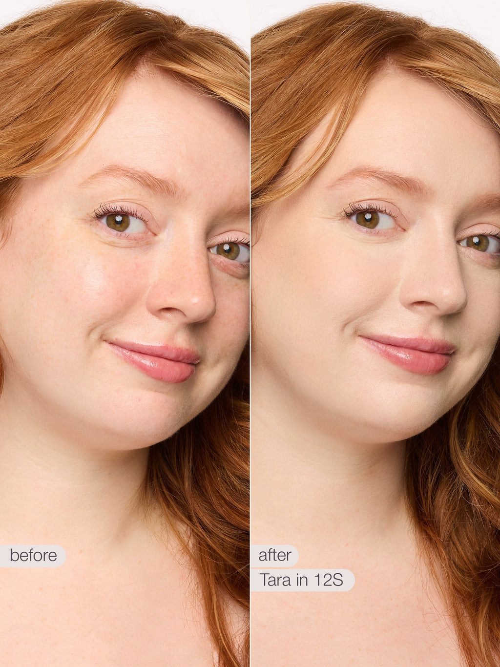 Before and after comparison of a woman with red hair, showing a close-up of her face.