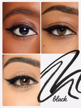 An eye with bold, precise eyeliner showcases a makeup technique. The eyebrow is well-defined, and the skin appears smooth. Text reads: 12-hr wear.