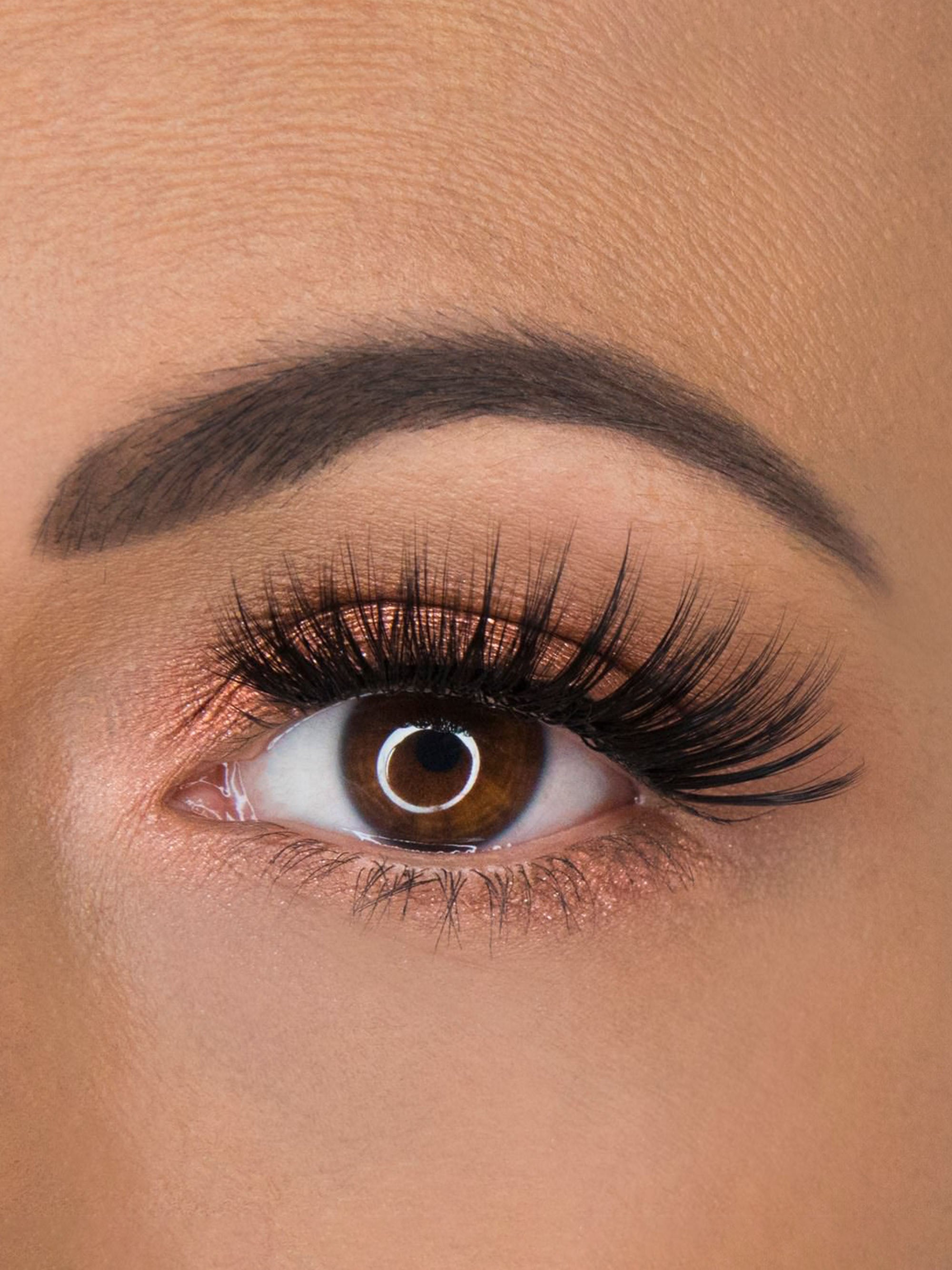 Close-up of a brown eye with long, thick eyelashes and well-defined eyebrow.