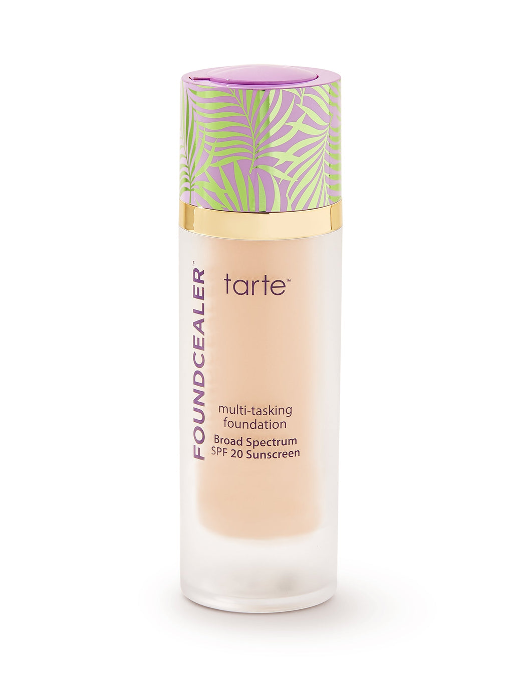 Tarte foundation bottle with colorful cap on a white background