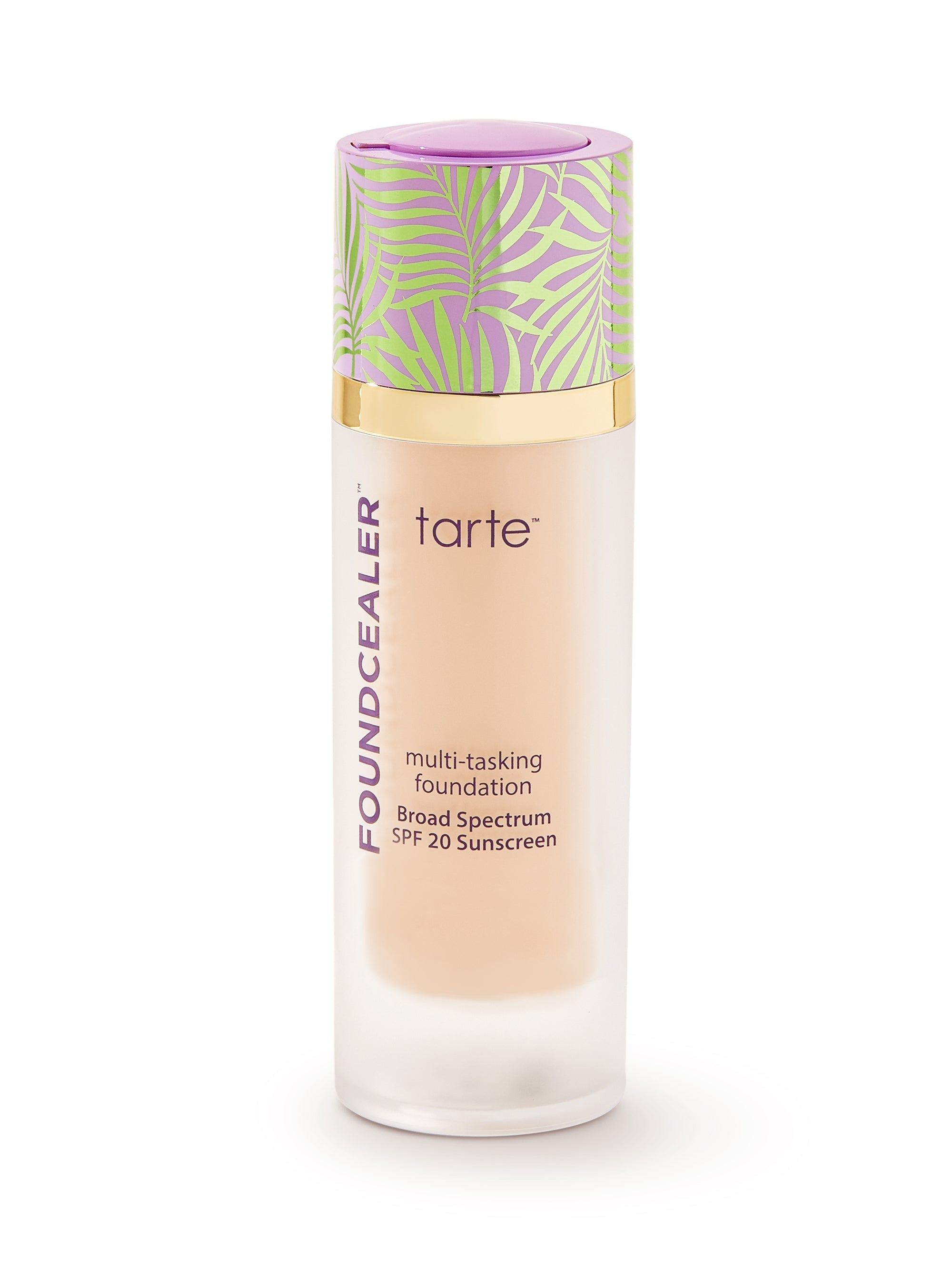 Tarte foundation bottle with colorful cap on a white background