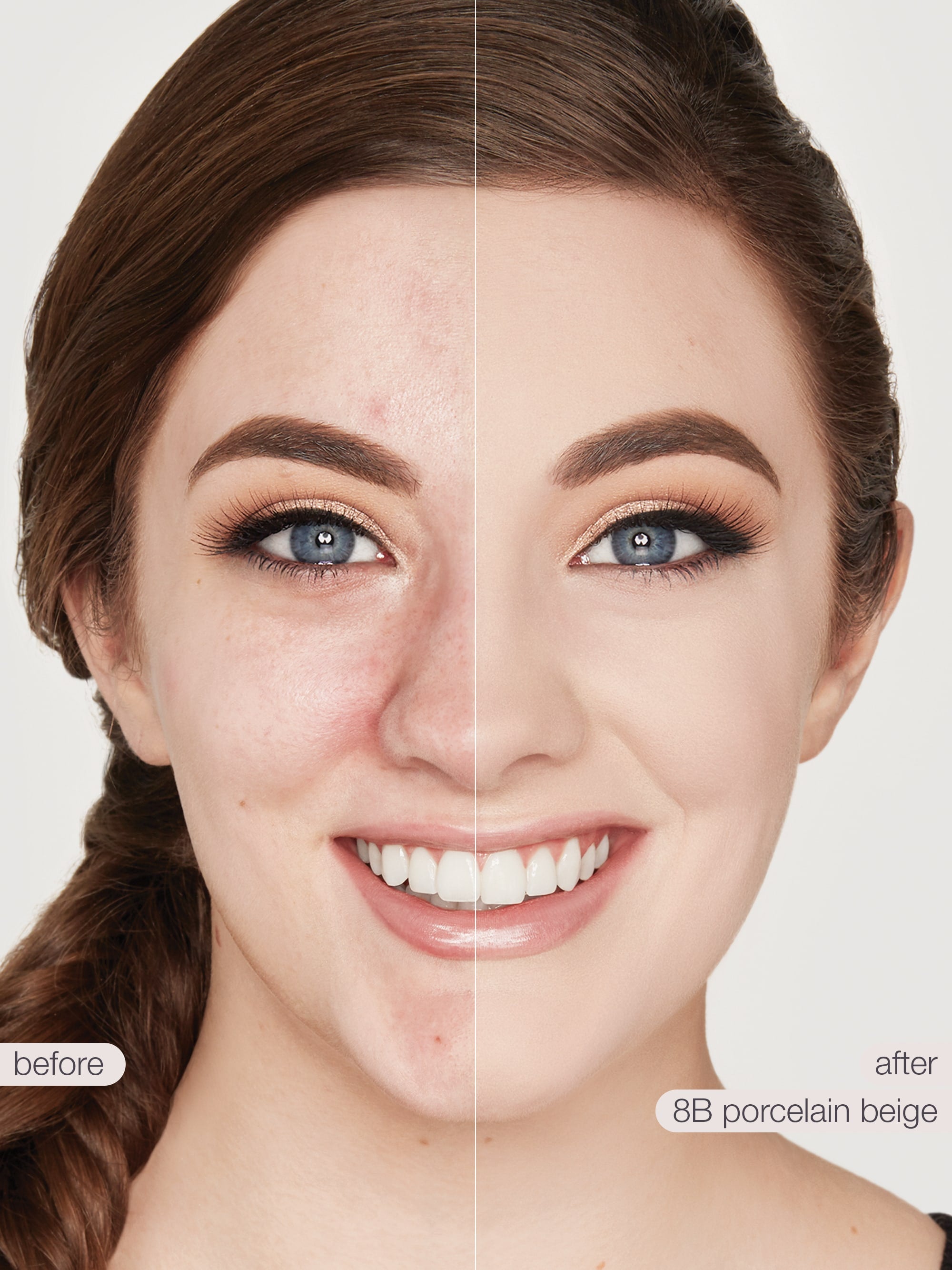 Before and after comparison of a woman's face with makeup application, showing a close-up of her eyes and smile.