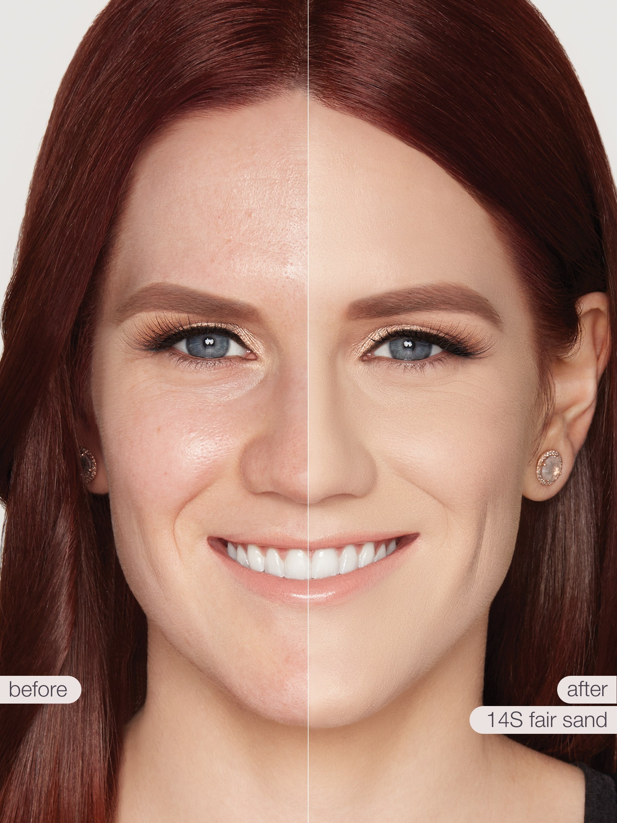 Before and after comparison of a woman's face with makeup application, showing a close-up of her ear and hair.
