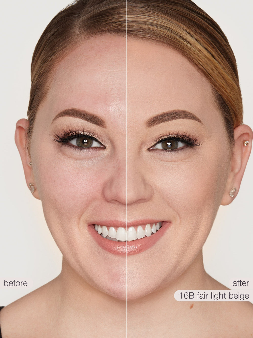 Before and after comparison of a woman's face with makeup application on a plain background.