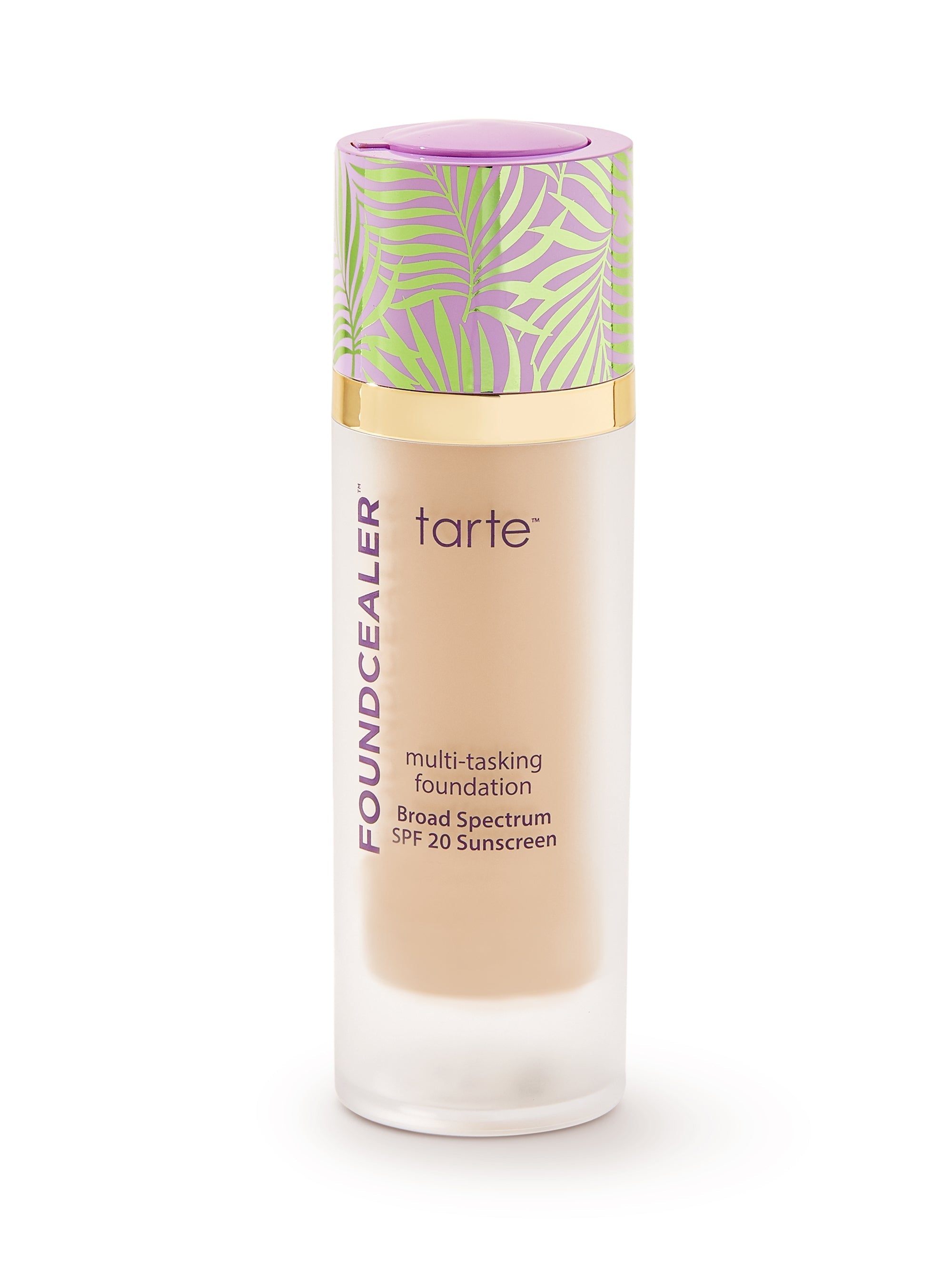Tarte multi-tasking foundation bottle with decorative cap on a white background