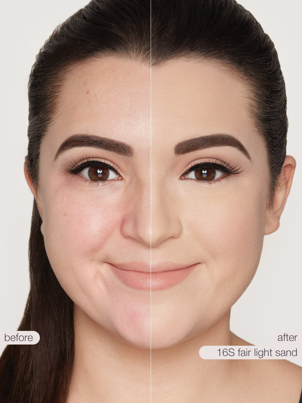 Before and after comparison of a woman's face with makeup application labeled '16S fair light sand'.