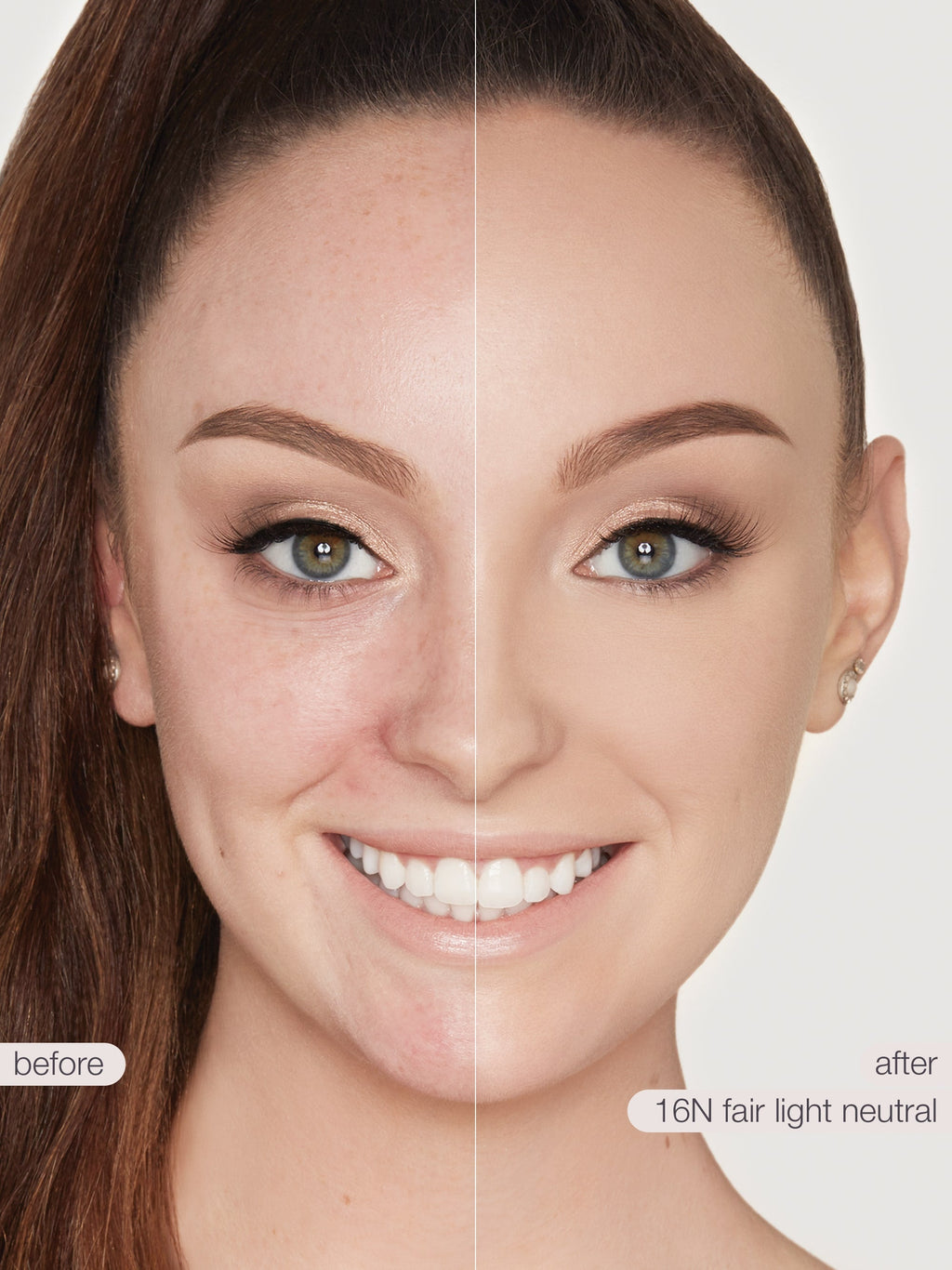 Before and after comparison of a woman's face with '16N fair light neutral' makeup.