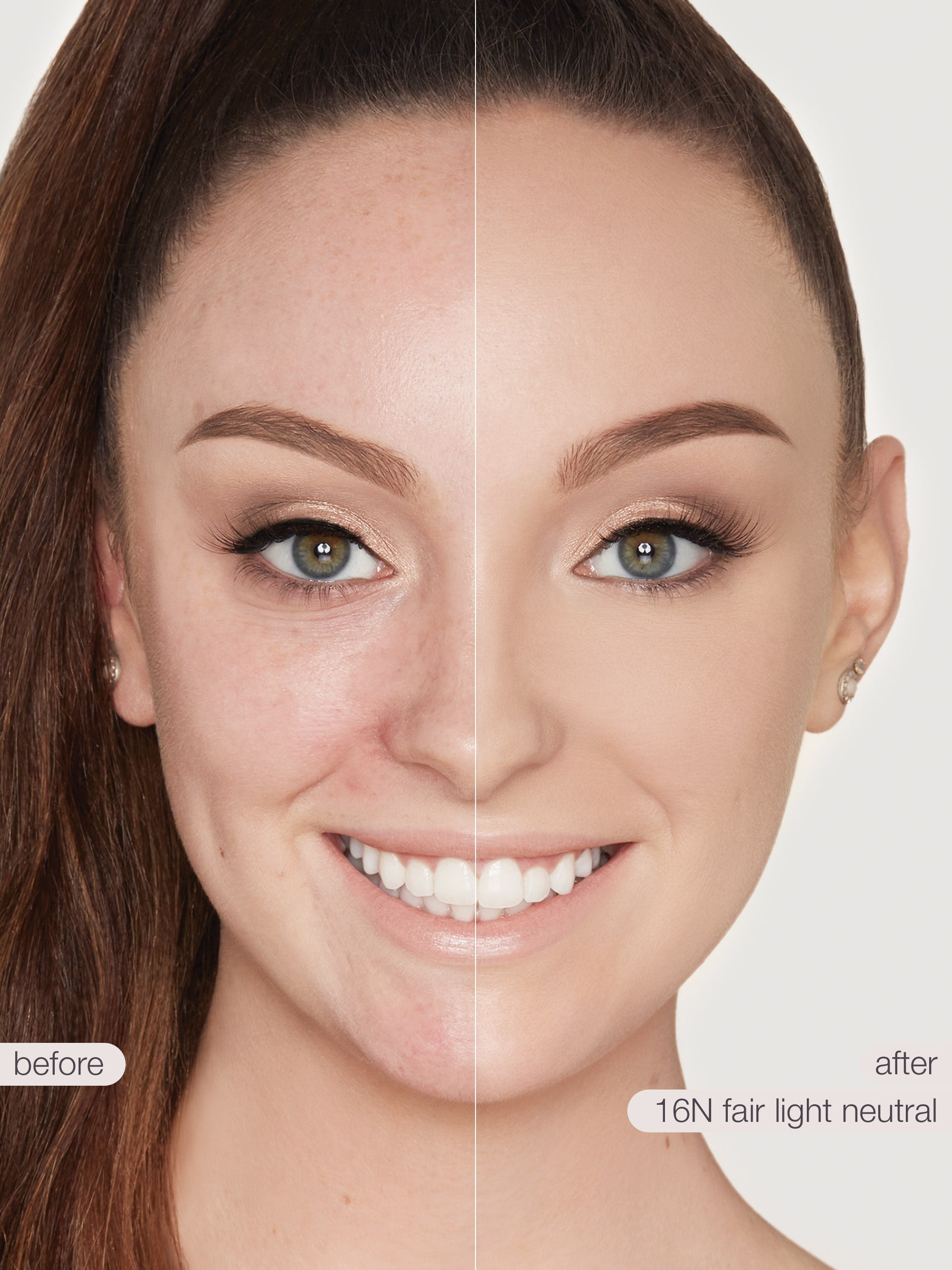 Before and after comparison of a woman's face with '16N fair light neutral' makeup.