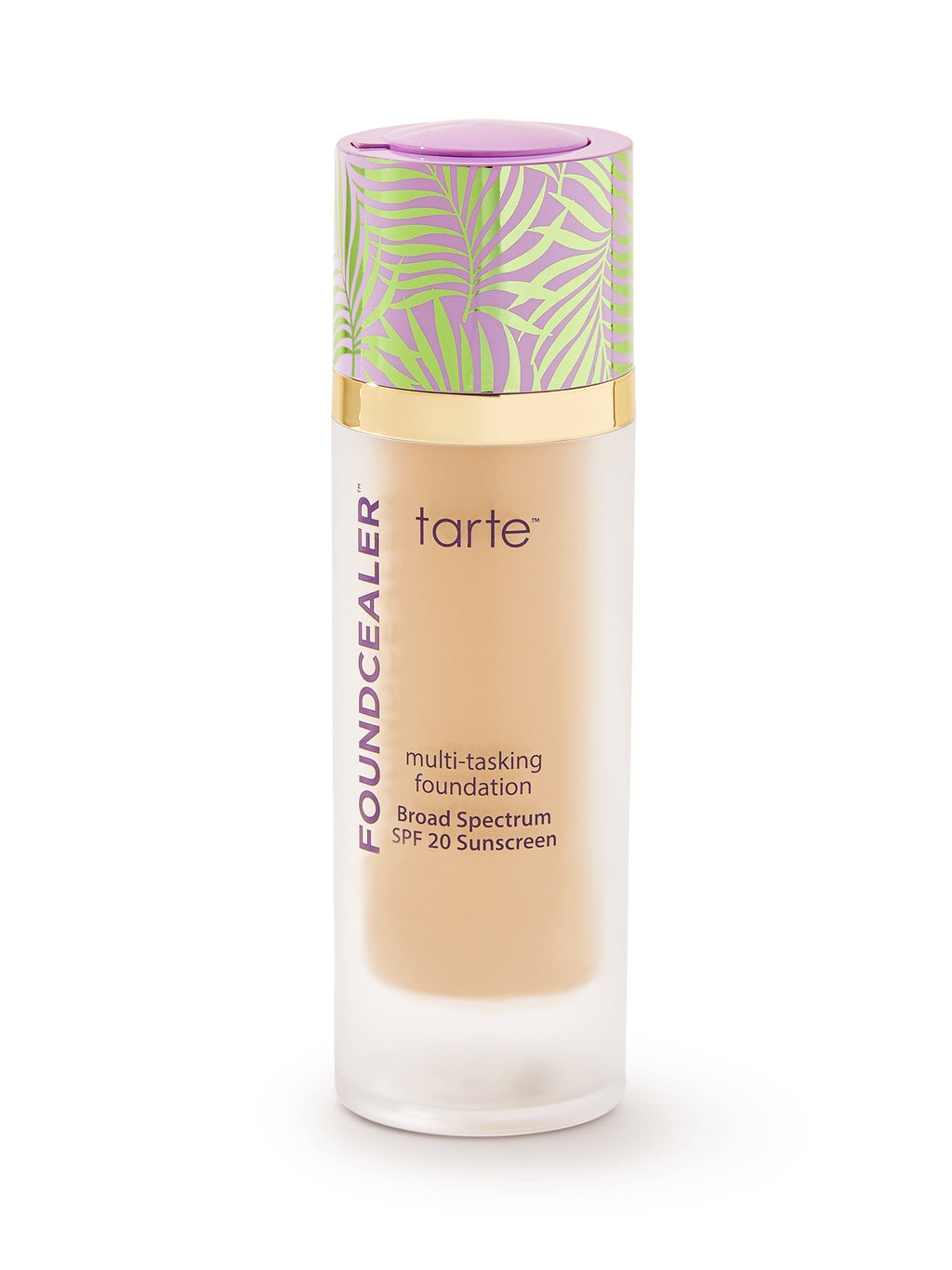 Tarte multi-tasking foundation bottle with decorative cap on a white background