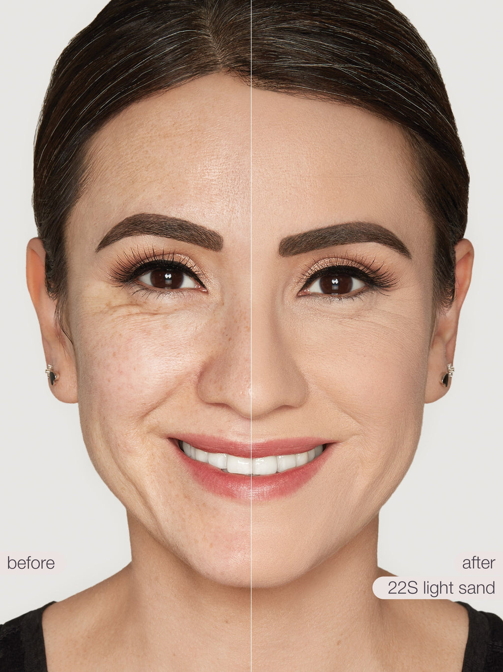 Before and after comparison of a woman's face with cosmetic product application on skin.
