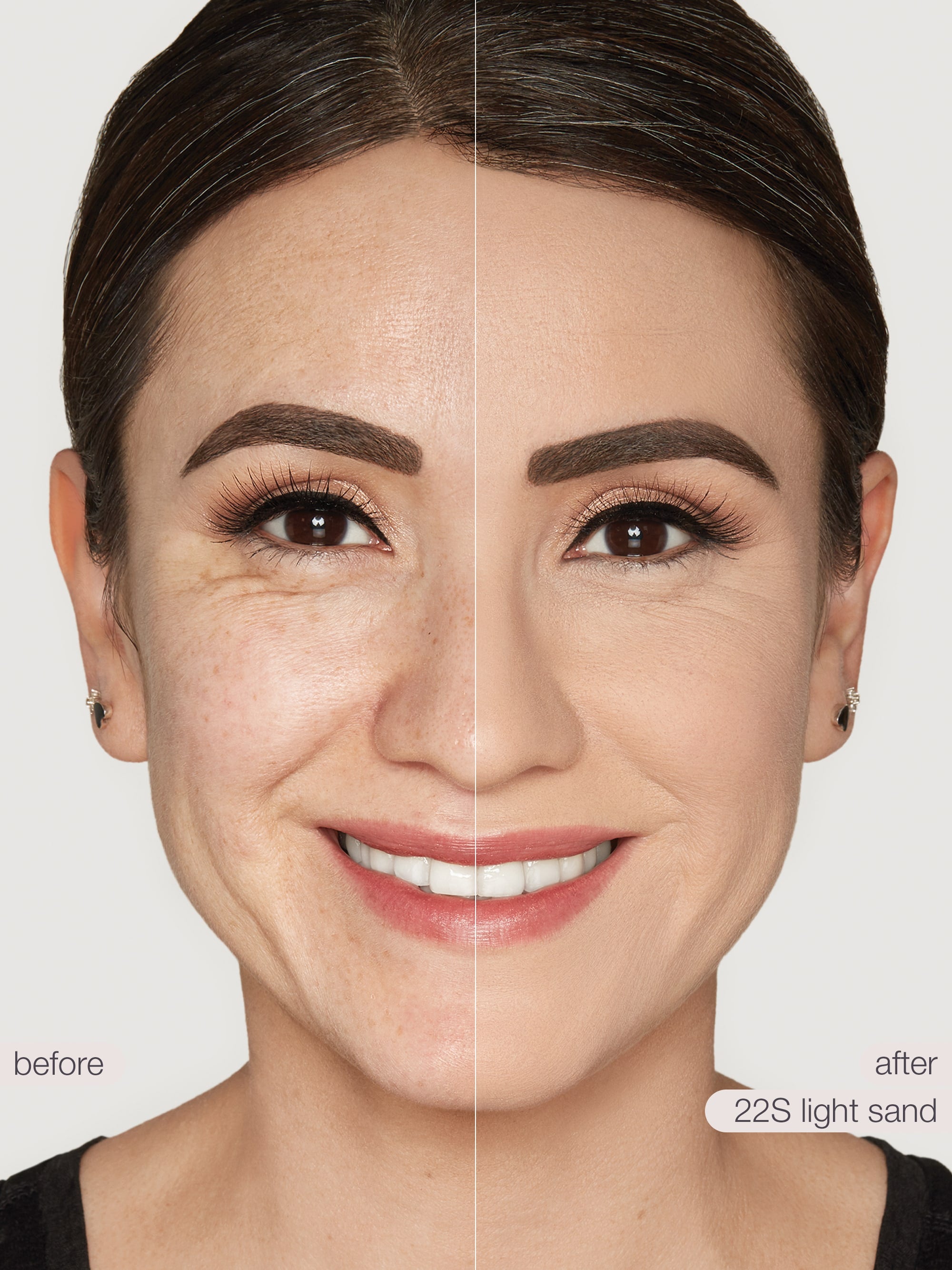 Before and after comparison of a woman's face with cosmetic product application on skin.