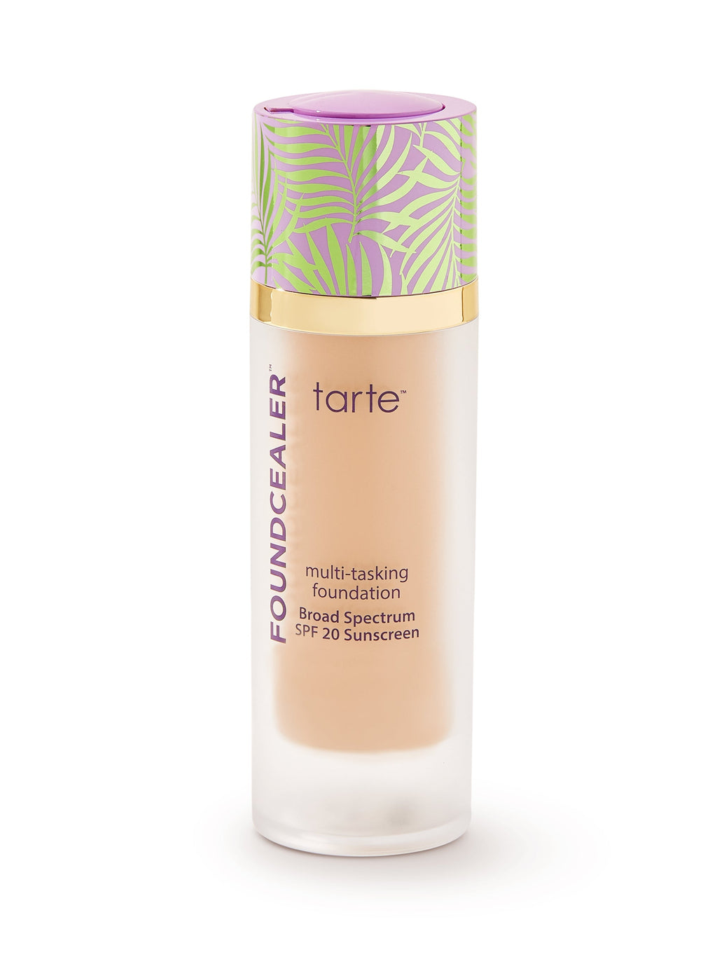 Tarte multi-tasking foundation bottle with decorative cap on a white background