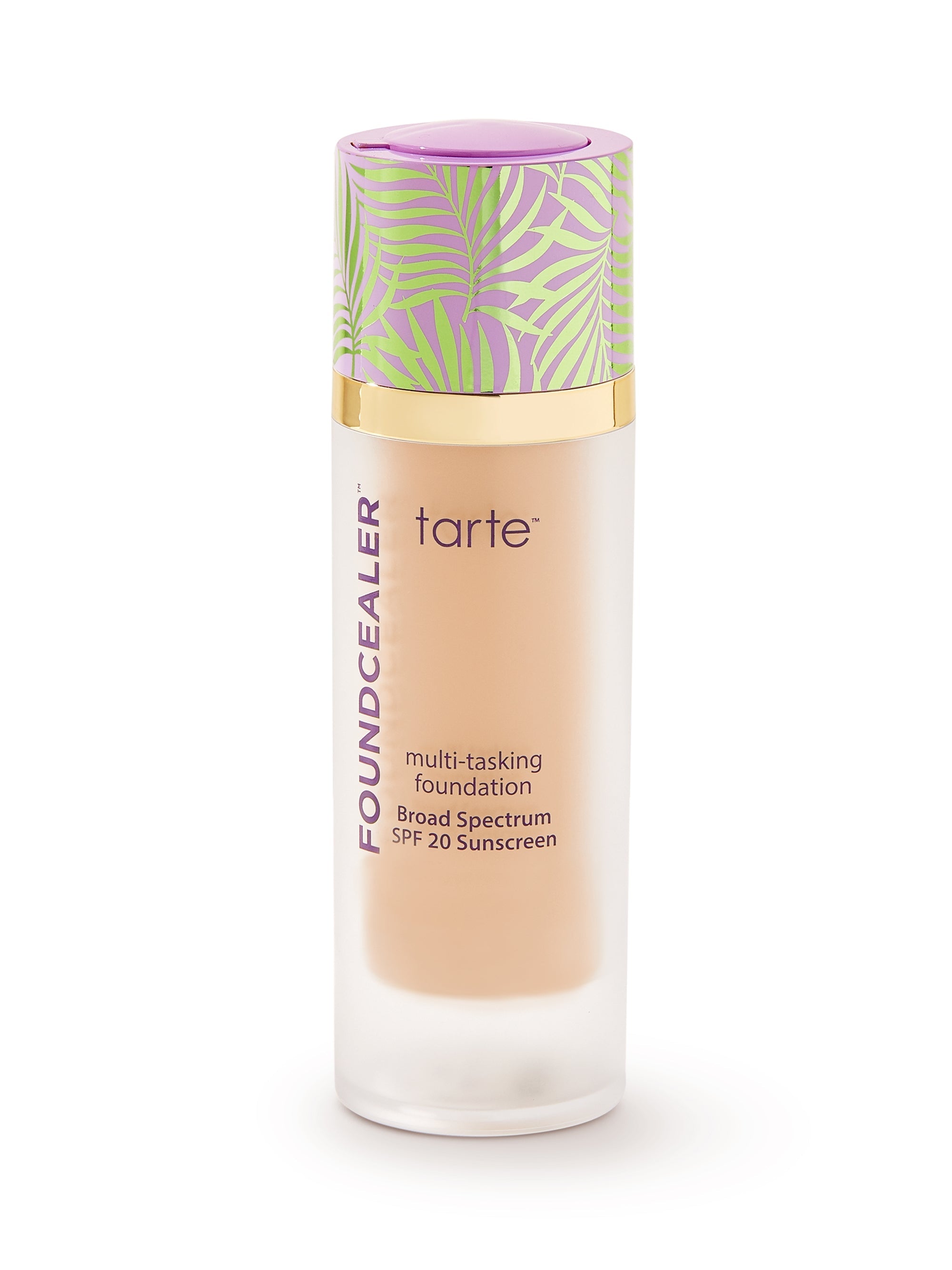 Tarte multi-tasking foundation bottle with decorative cap on a white background