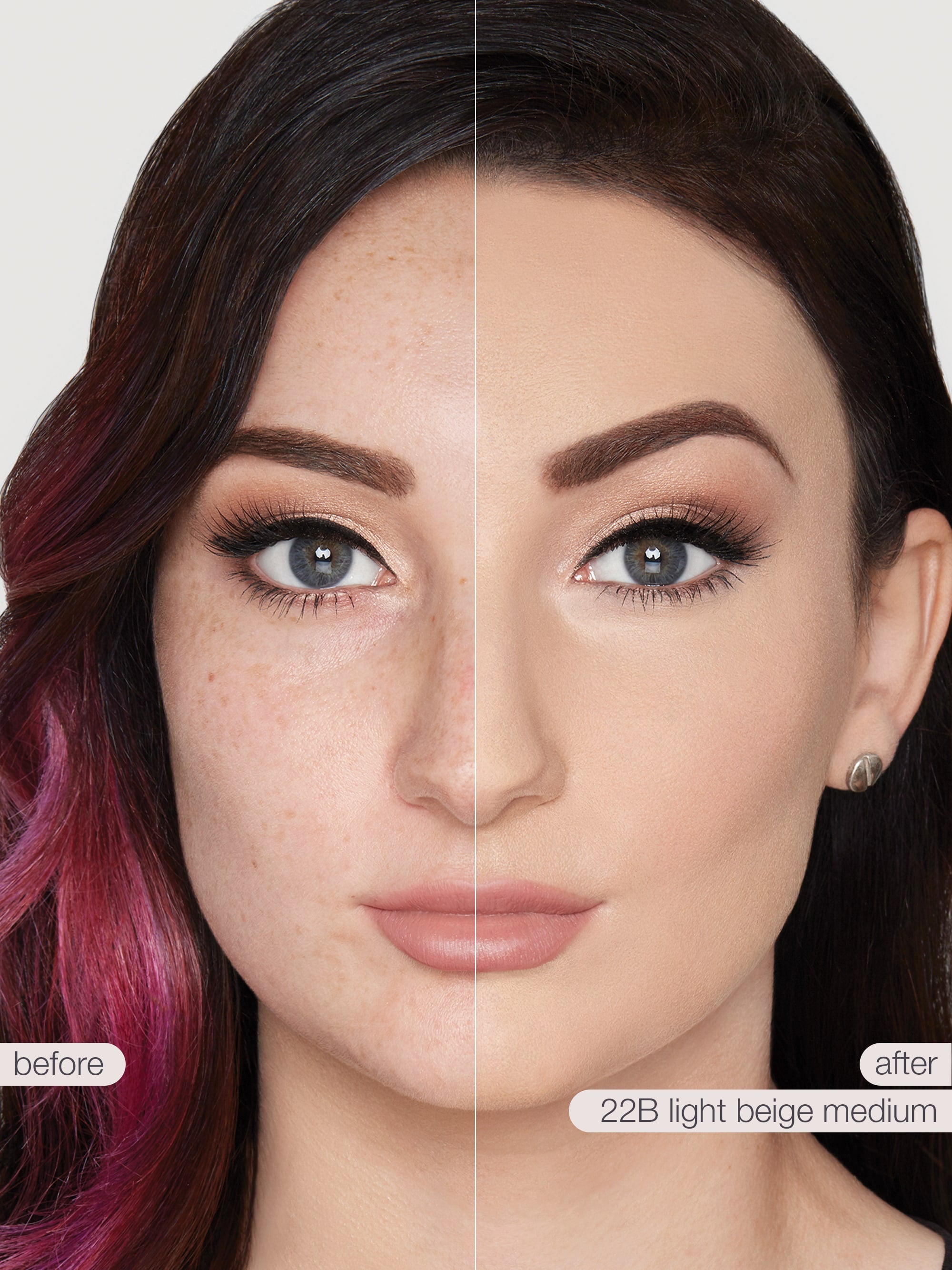 Before and after makeup comparison with a neutral background