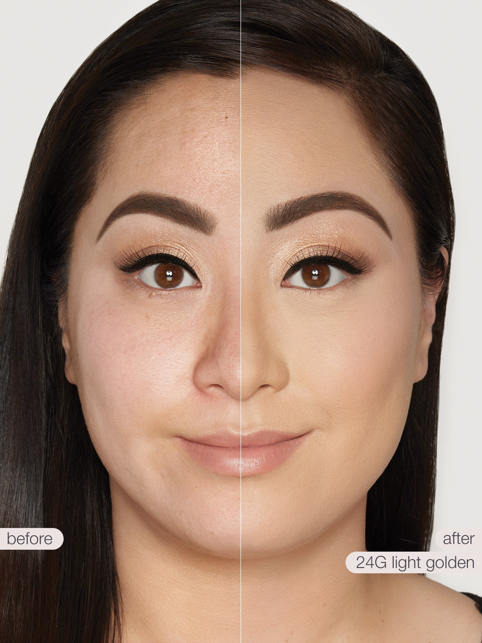 Before and after comparison of a woman's face with makeup application labeled '24G light golden'.
