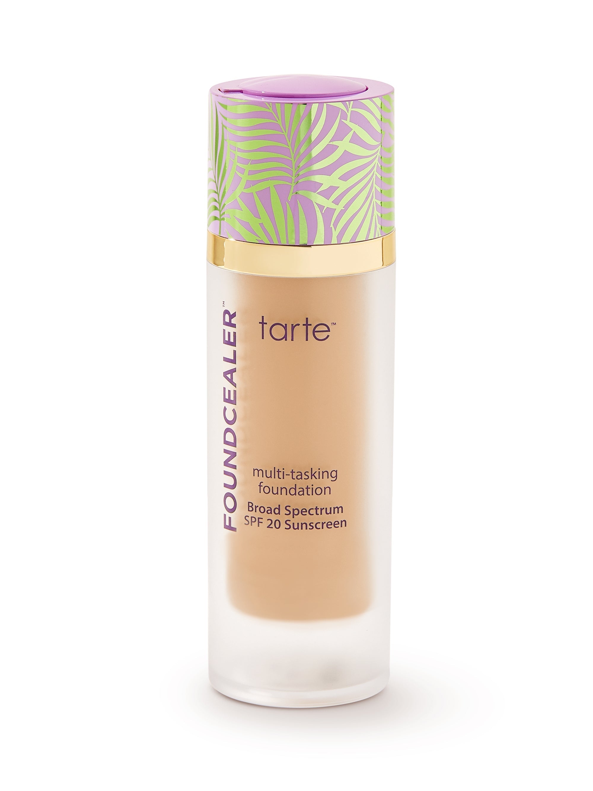 Tarte multi-tasking foundation bottle with decorative cap on a white background