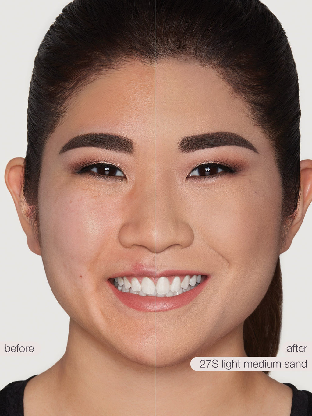Before and after comparison of a woman's face with cosmetic makeup application.