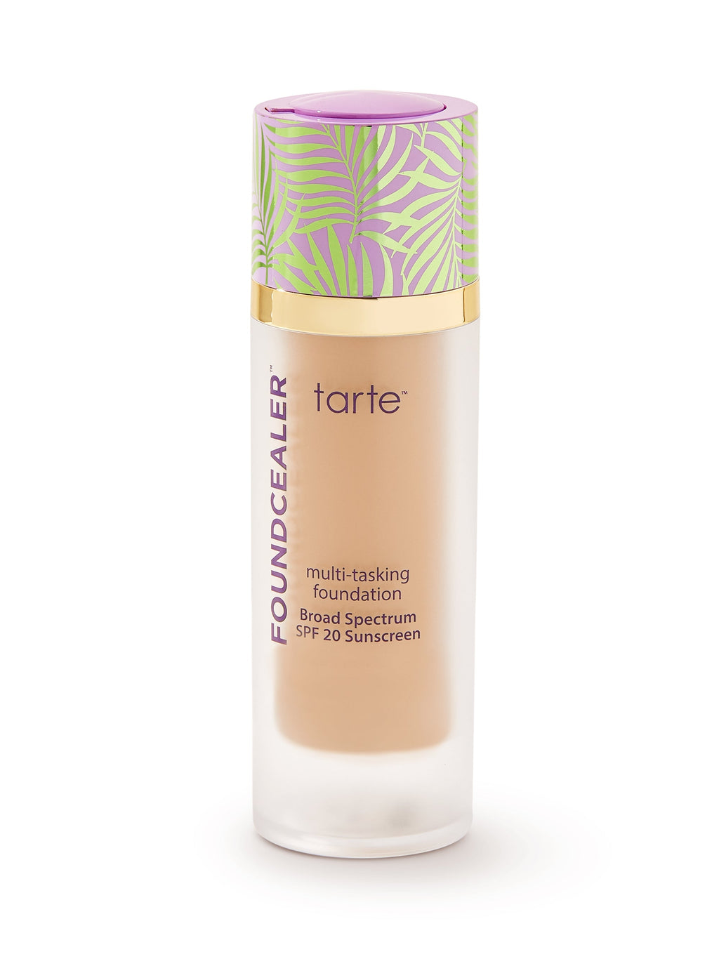 Tarte multi-tasking foundation bottle with decorative cap on a white background
