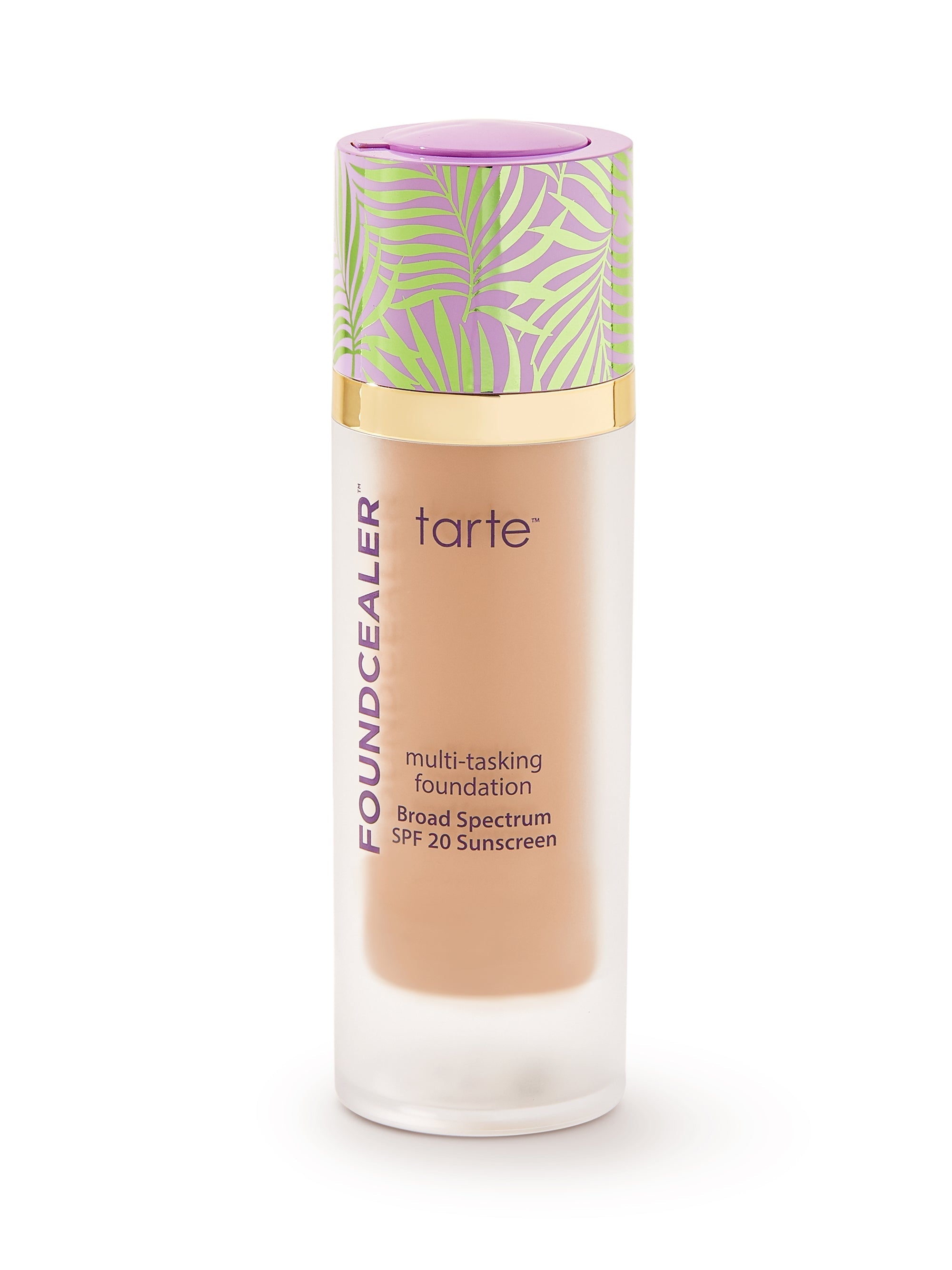 Tarte multi-tasking foundation bottle with decorative cap on a white background