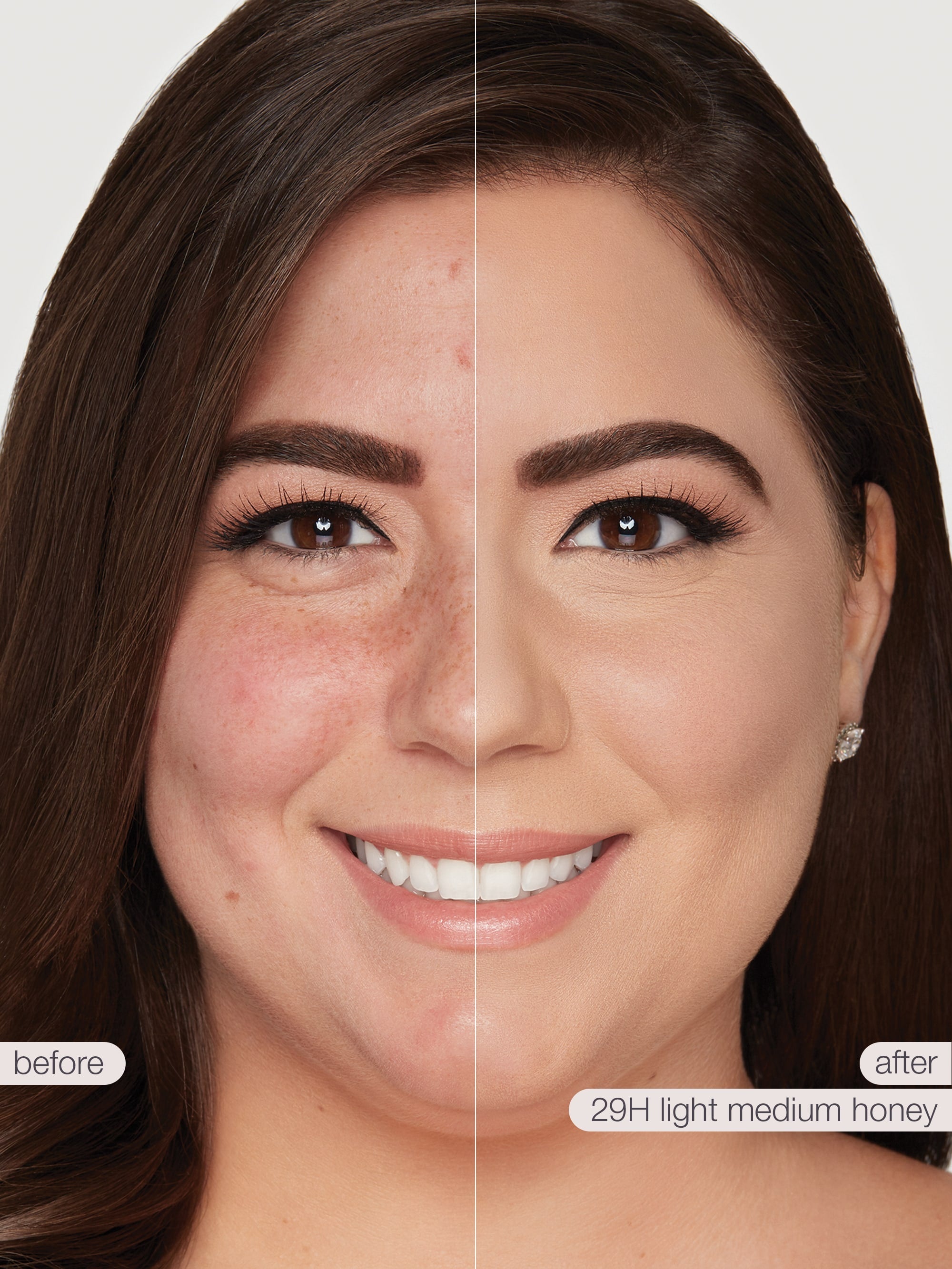 Before and after comparison of a woman's face with cosmetic product application.