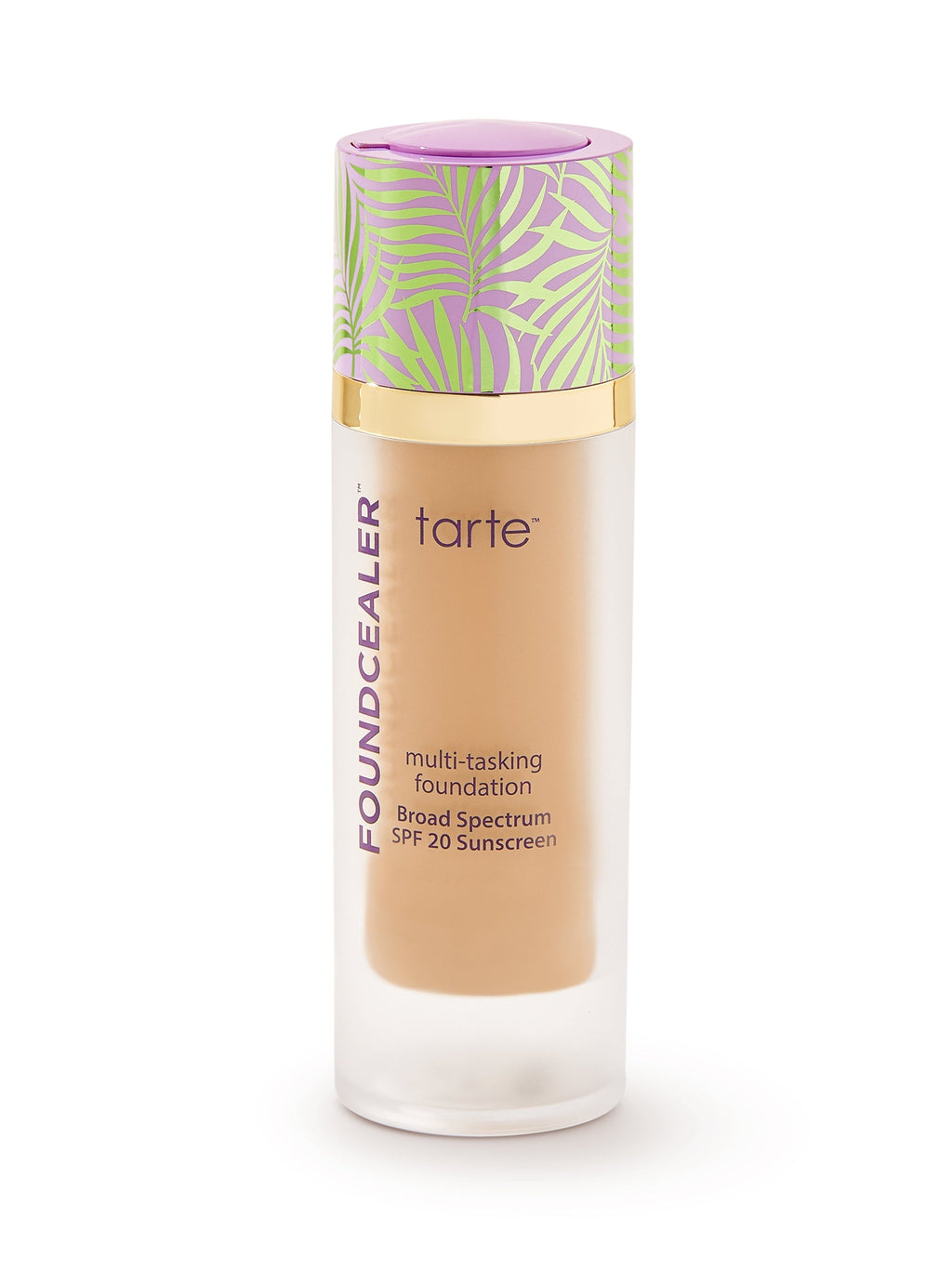Tarte multi-tasking foundation bottle with colorful cap on a white background