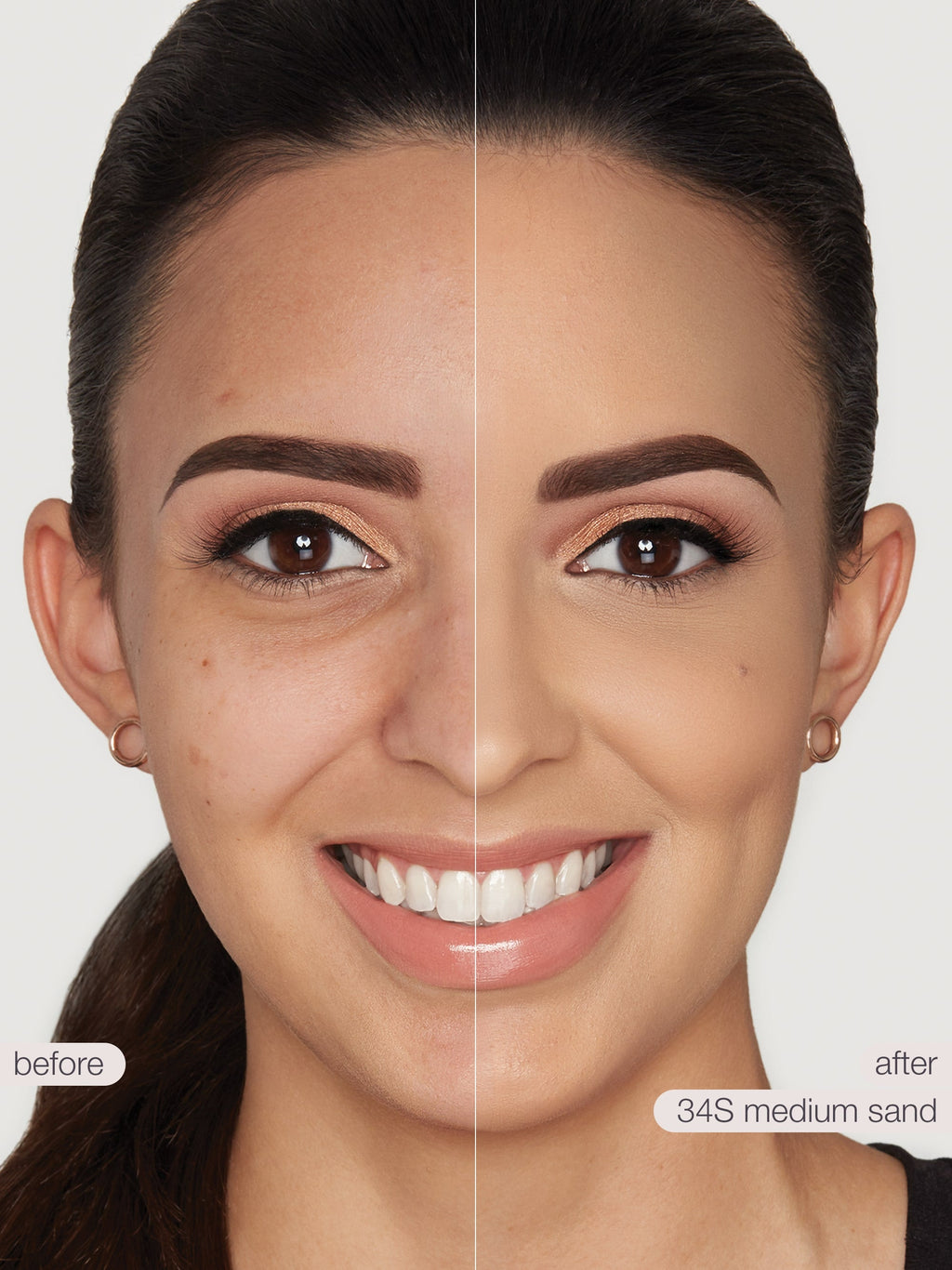 Before and after comparison of a woman's face with cosmetic application labeled '34S medium sand'.