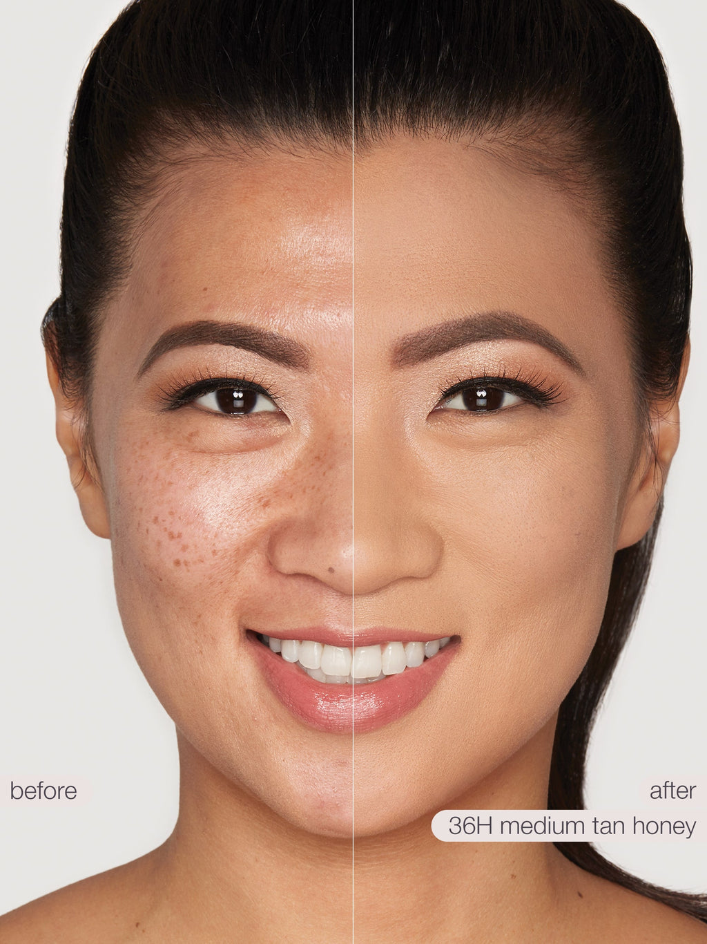 Before and after comparison of a woman's face with makeup application, showing a medium tan honey effect.