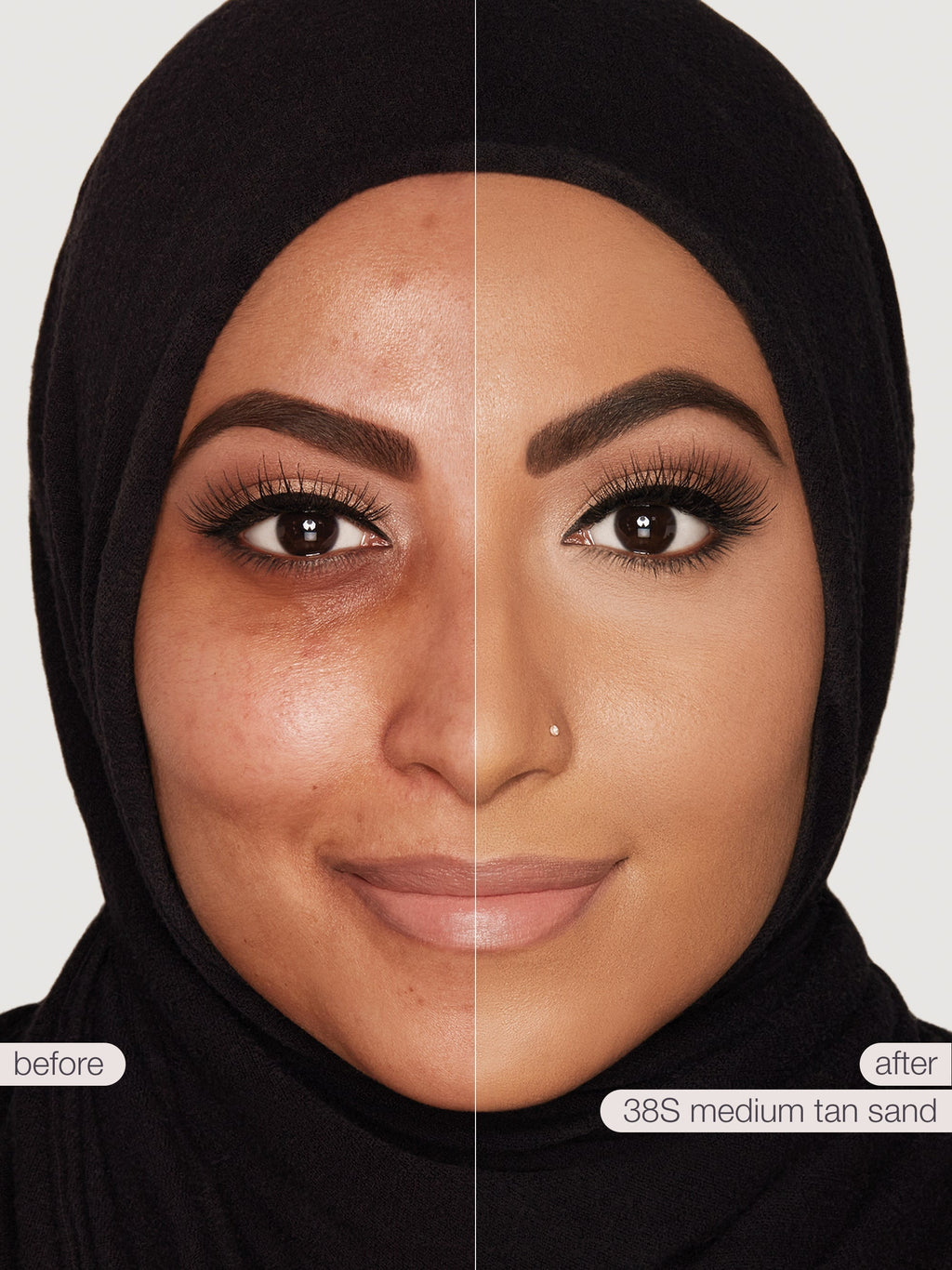 Before and after comparison of a woman wearing a black hijab with makeup on a white background.