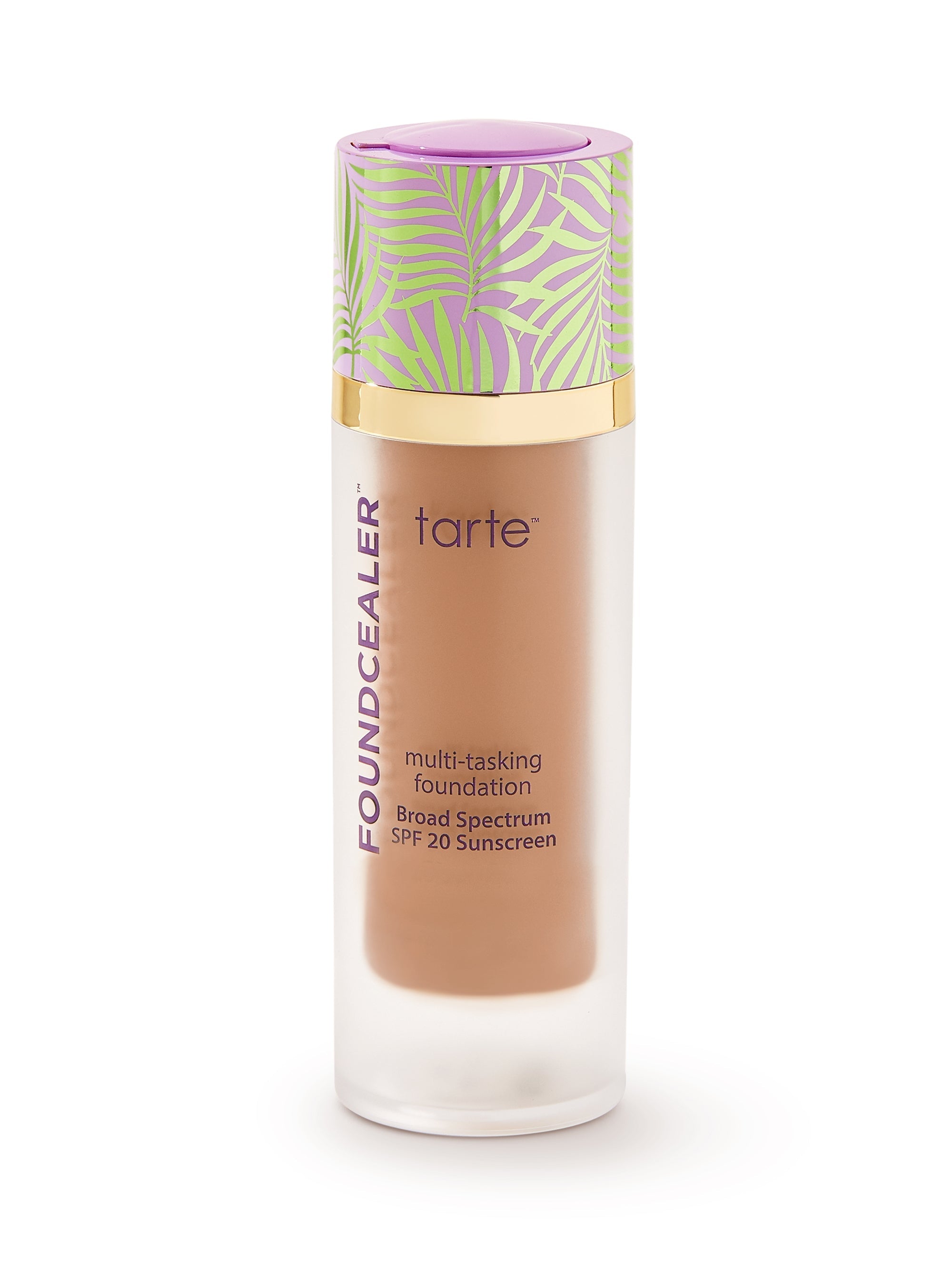 Tarte foundation bottle with colorful cap on a white background