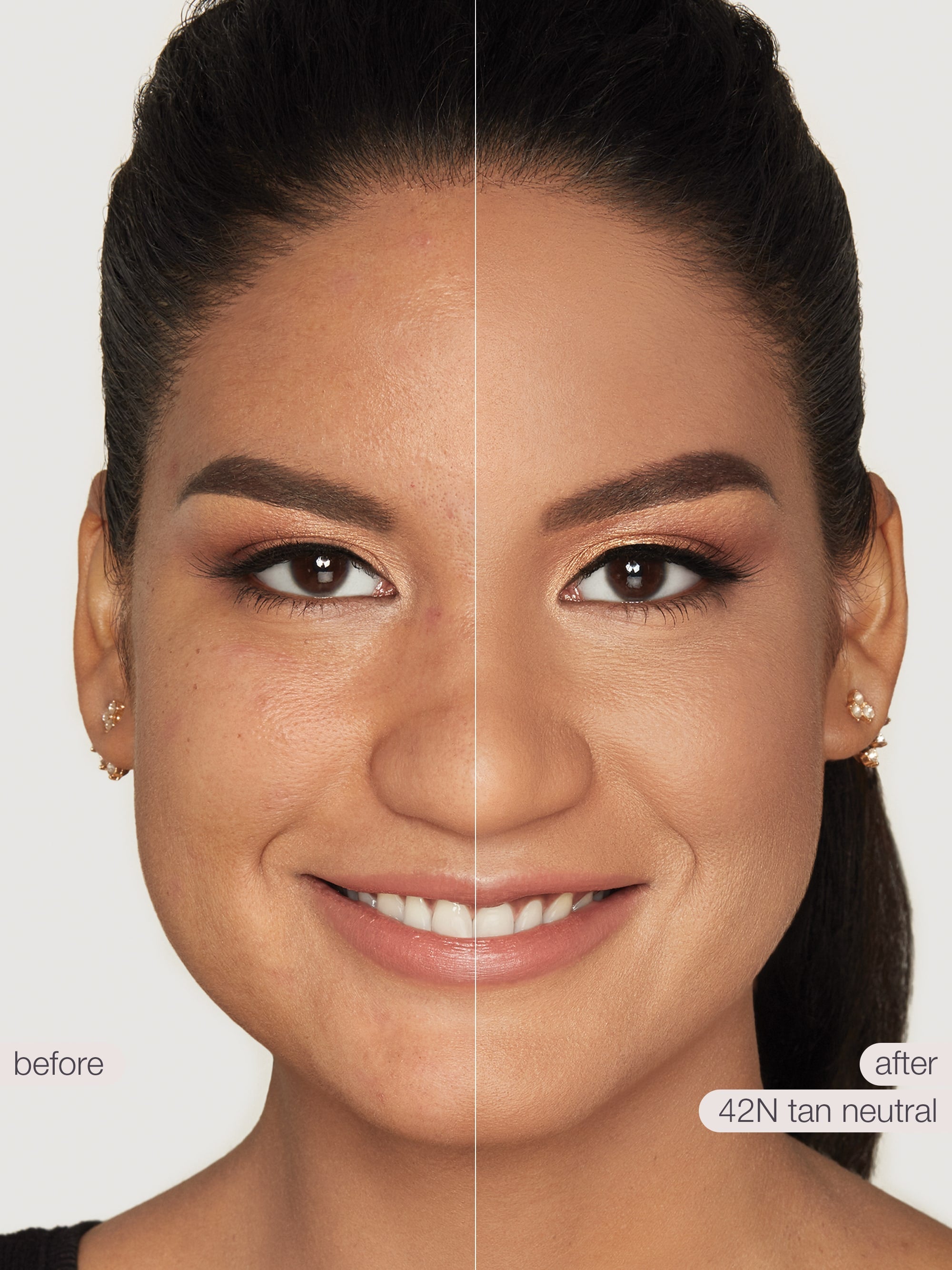 Before and after comparison of a woman's face with makeup application on a neutral background.