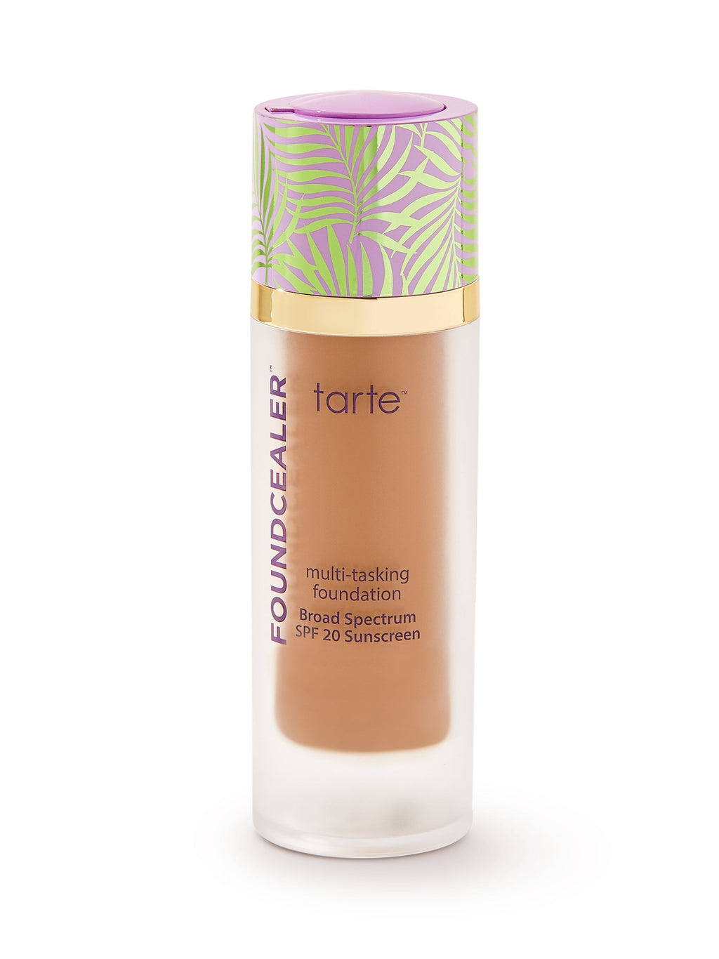 Tarte foundation bottle with colorful cap on a white background