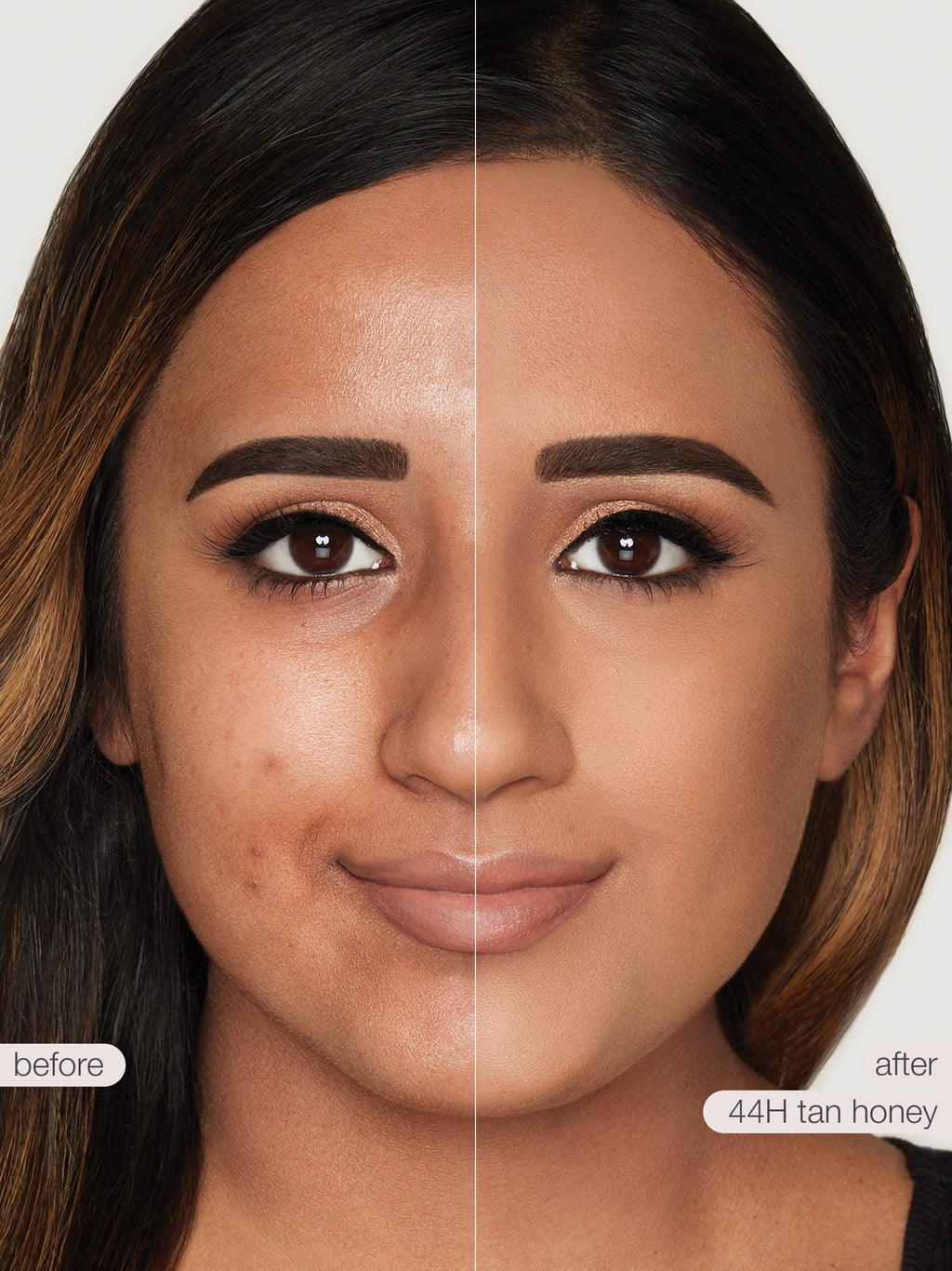 Before and after comparison of a woman's face with makeup product application.
