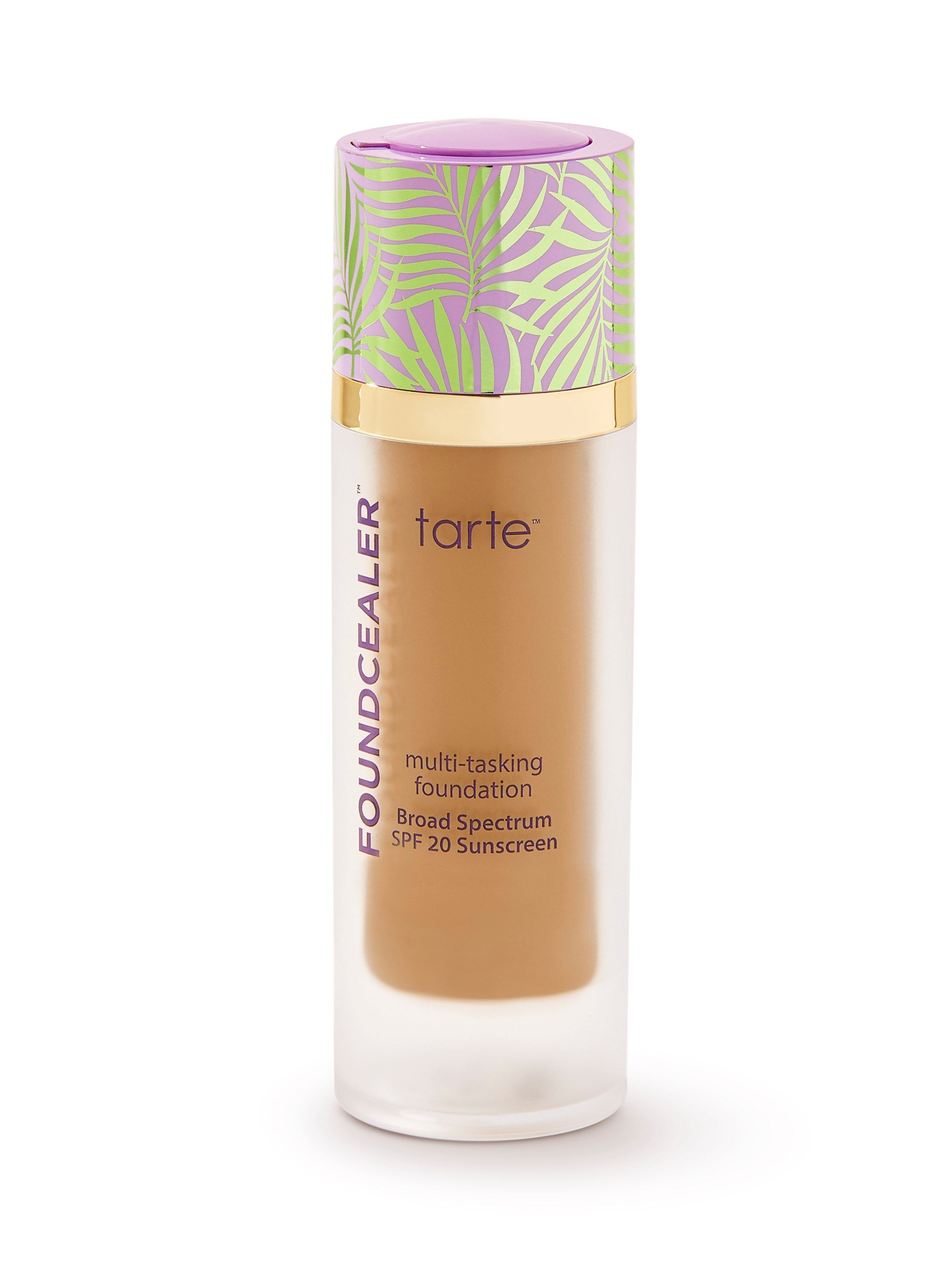 Tarte foundation bottle with a colorful cap on a white background