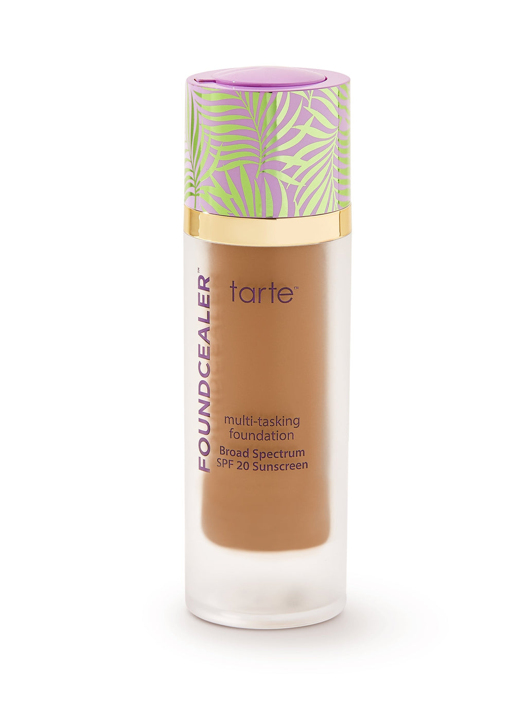 Tarte multi-tasking foundation bottle with colorful cap on a white background