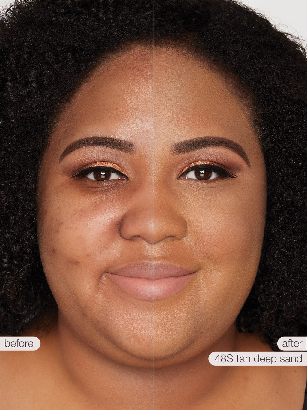 Before and after comparison of a woman's face with a tan makeup product applied.