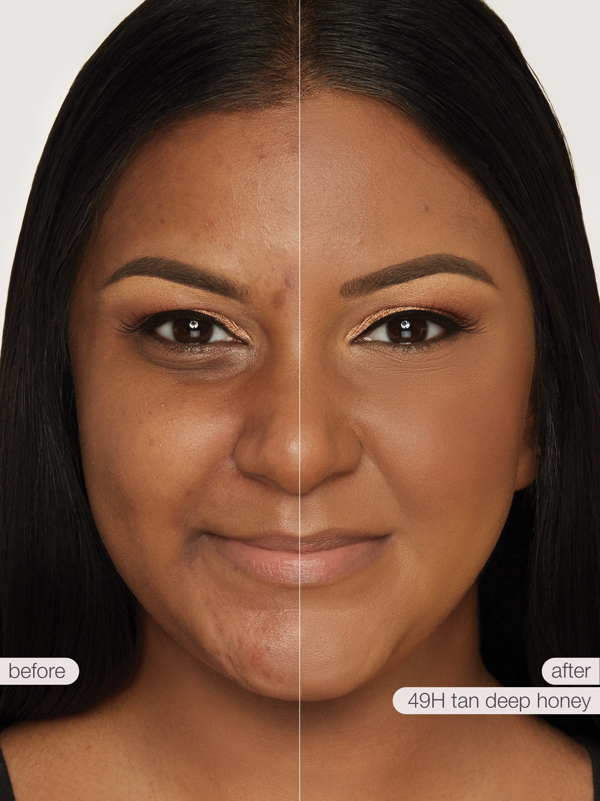 Before and after comparison of a woman's face with a tan makeup product applied.