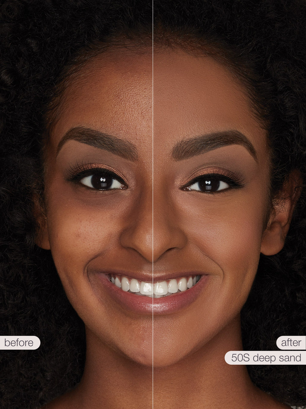 Before and after comparison of a woman's face with '50S Deep Sand' makeup application.